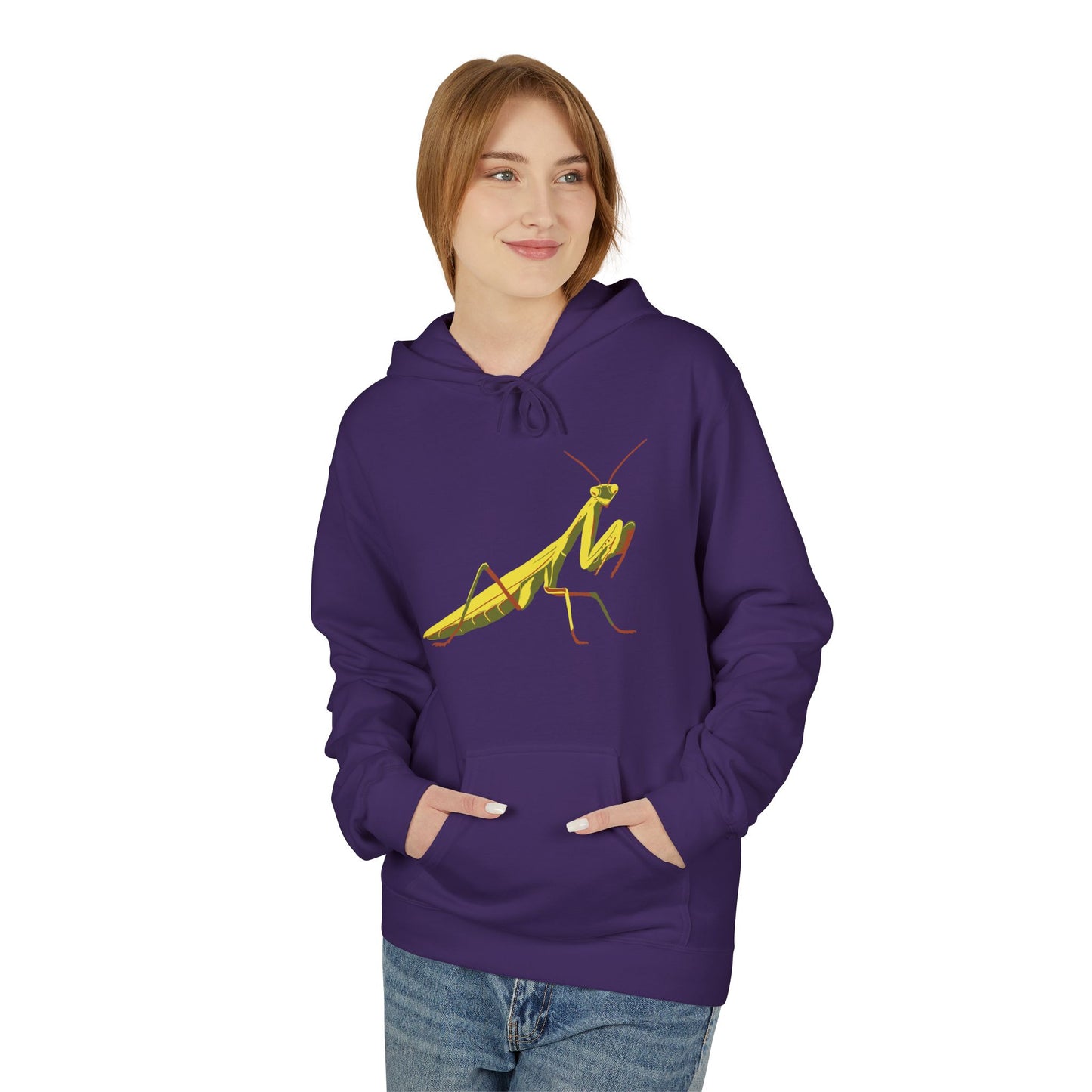 Woman wearing a purple unisex pullover hoodie featuring a striking illustration of a yellow and green praying mantis—because sometimes, you need to channel your inner insect warrior while staying cozy.