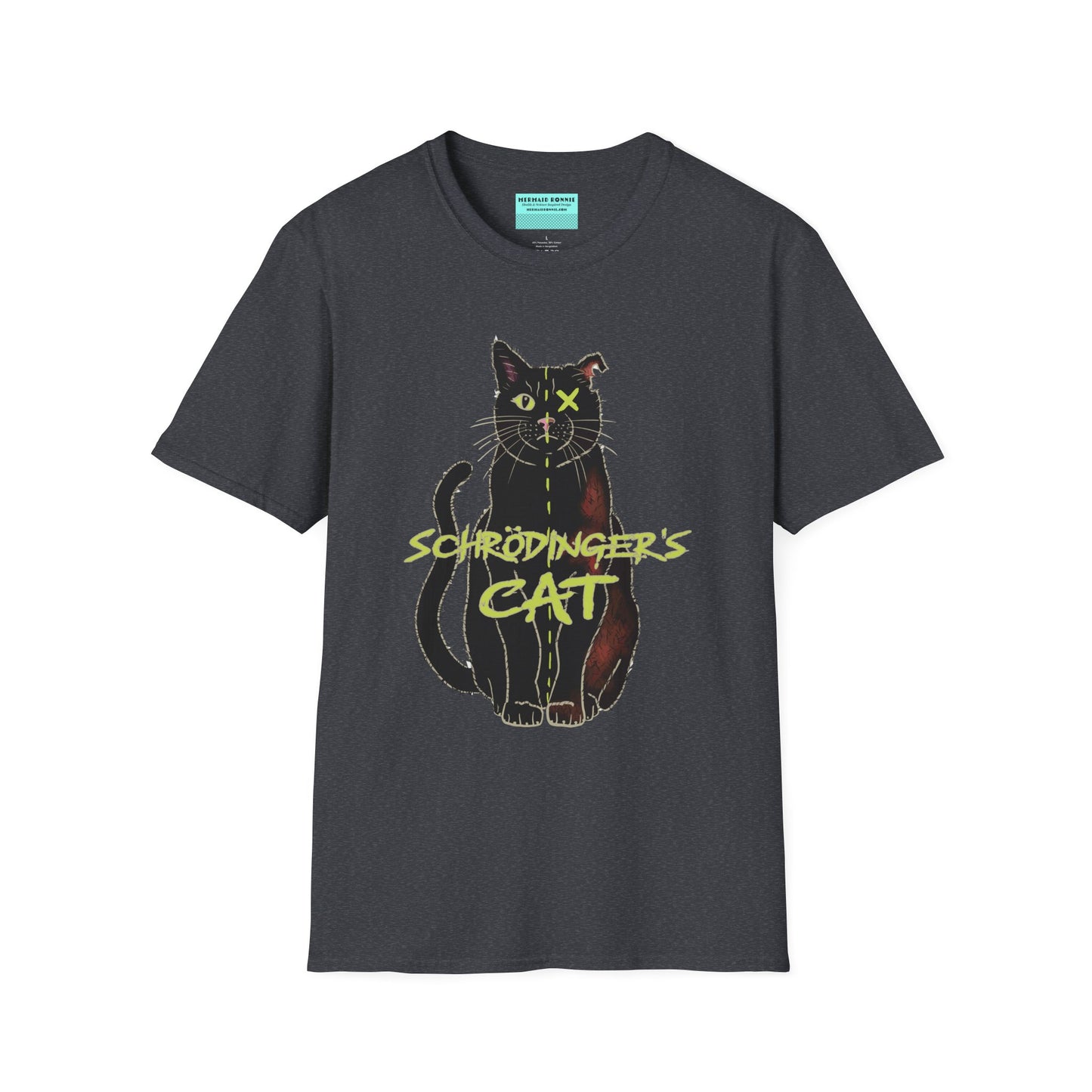 Dark grey unisex short-sleeve tee featuring the infamous Schrödinger’s cat—half-alive, half-dead, and fully committed to quantum confusion. The feline paradox lounges proudly beneath the words "Schrödinger's Cat," because science jokes are both alive and kicking and six feet under.