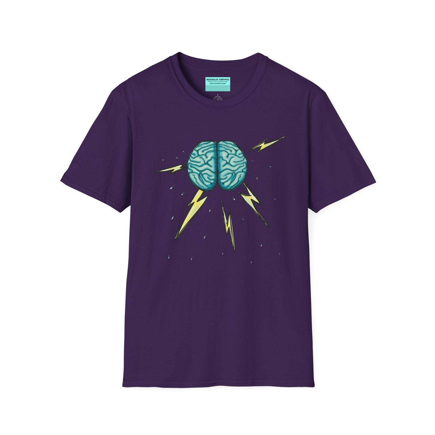 Purple unisex short sleeve tee featuring an illustration of a brain with lightning bolts and rain pouring from it, giving a literal twist to the term "brainstorm"—because sometimes, even the best ideas need a little weathering!