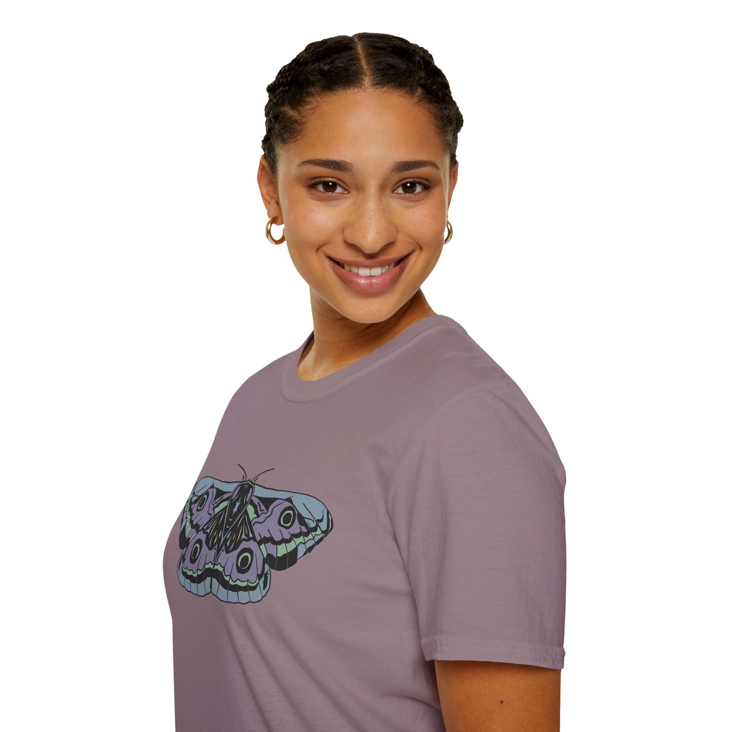 Woman wearing a purple t-shirt featuring a drawing of a blue and purple moth.