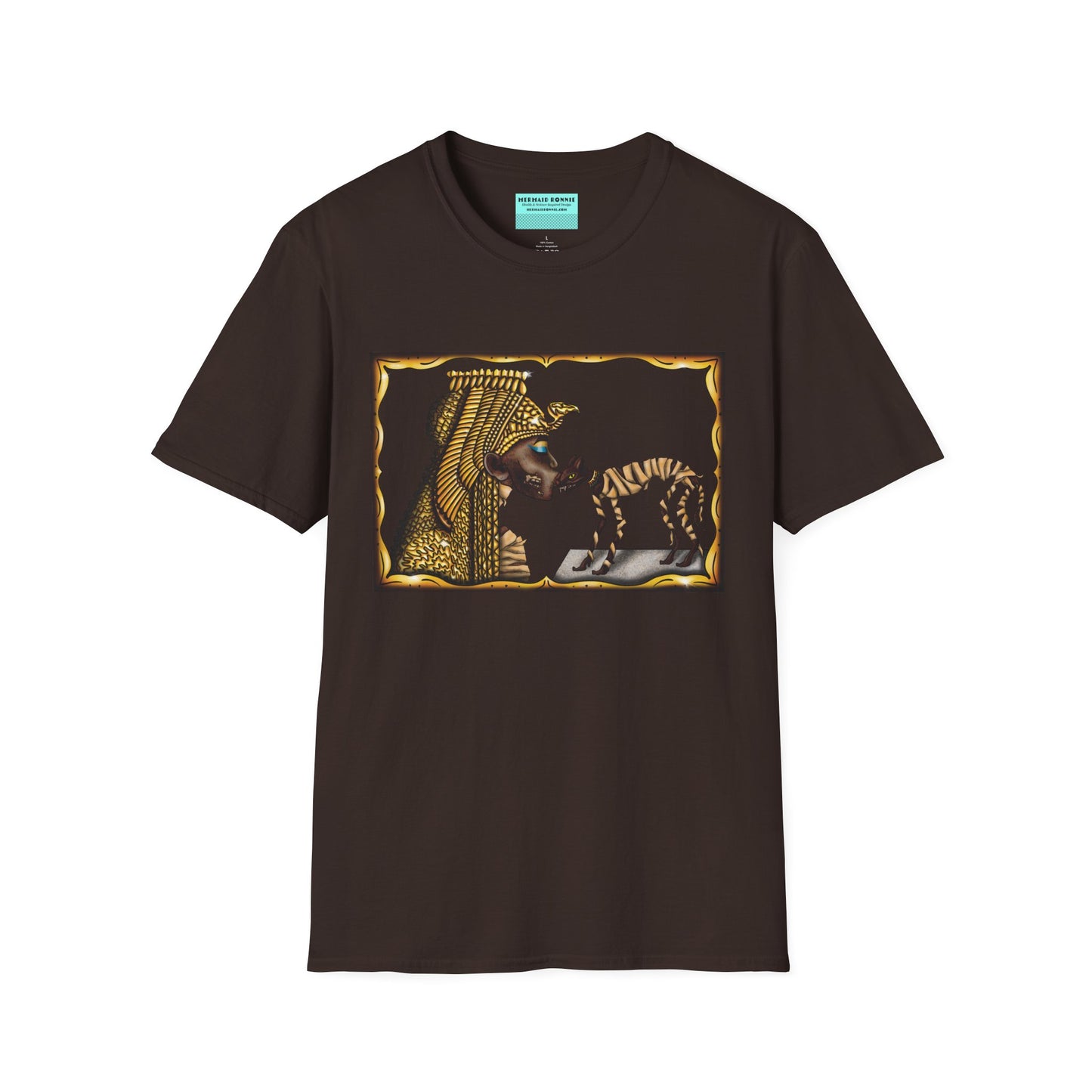 Brown t-shirt featuring an illustration of Cleopatra mummy kissing a cat mummy.