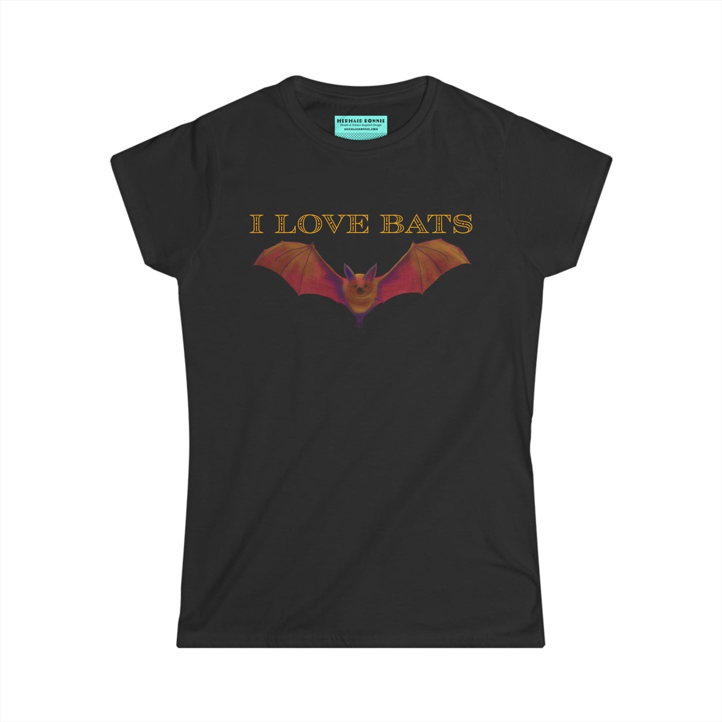 Women’s t-shirt in black featuring a drawing of a brown bat and text that reads 'I love bats.'
