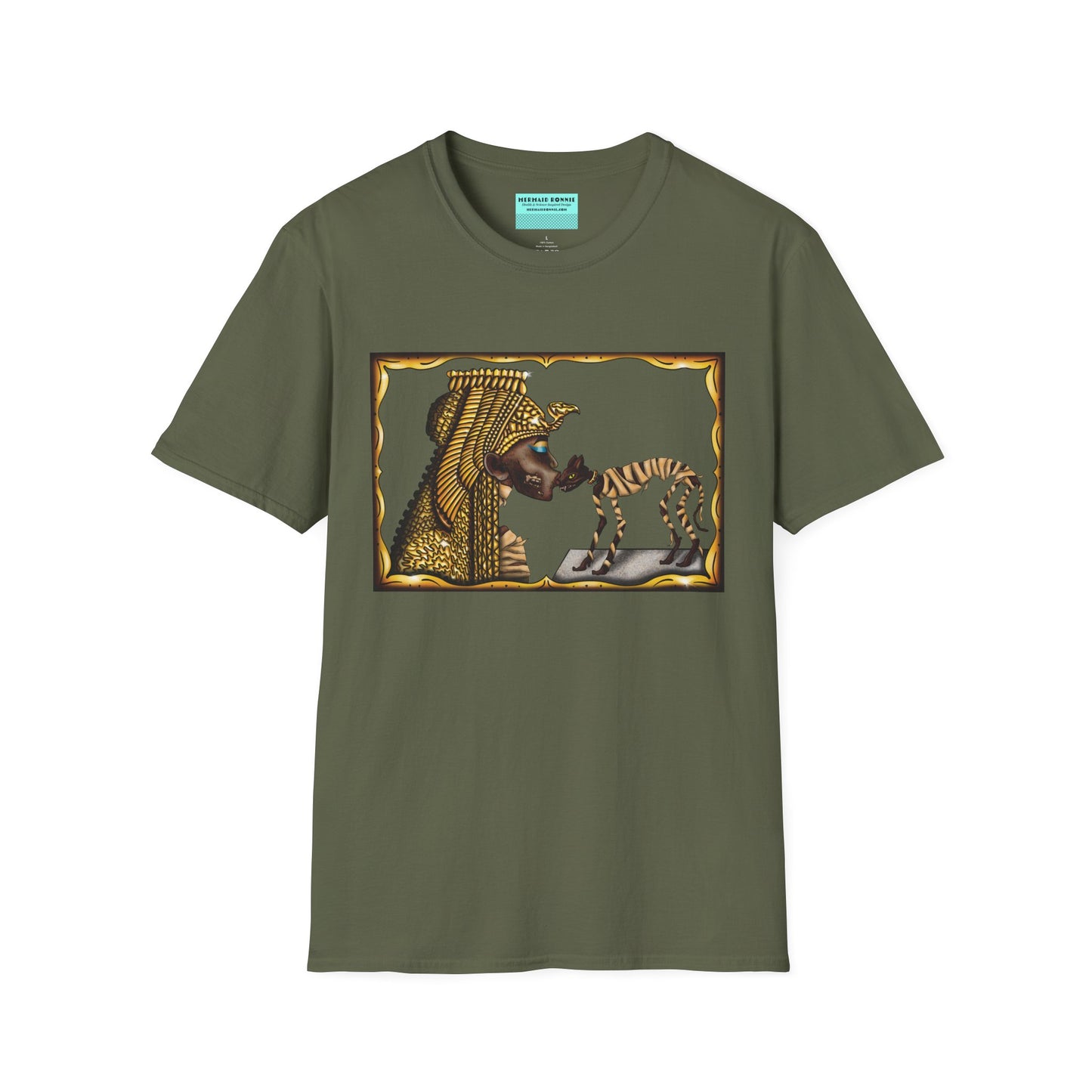 Green t-shirt featuring an illustration of Cleopatra mummy kissing a cat mummy.