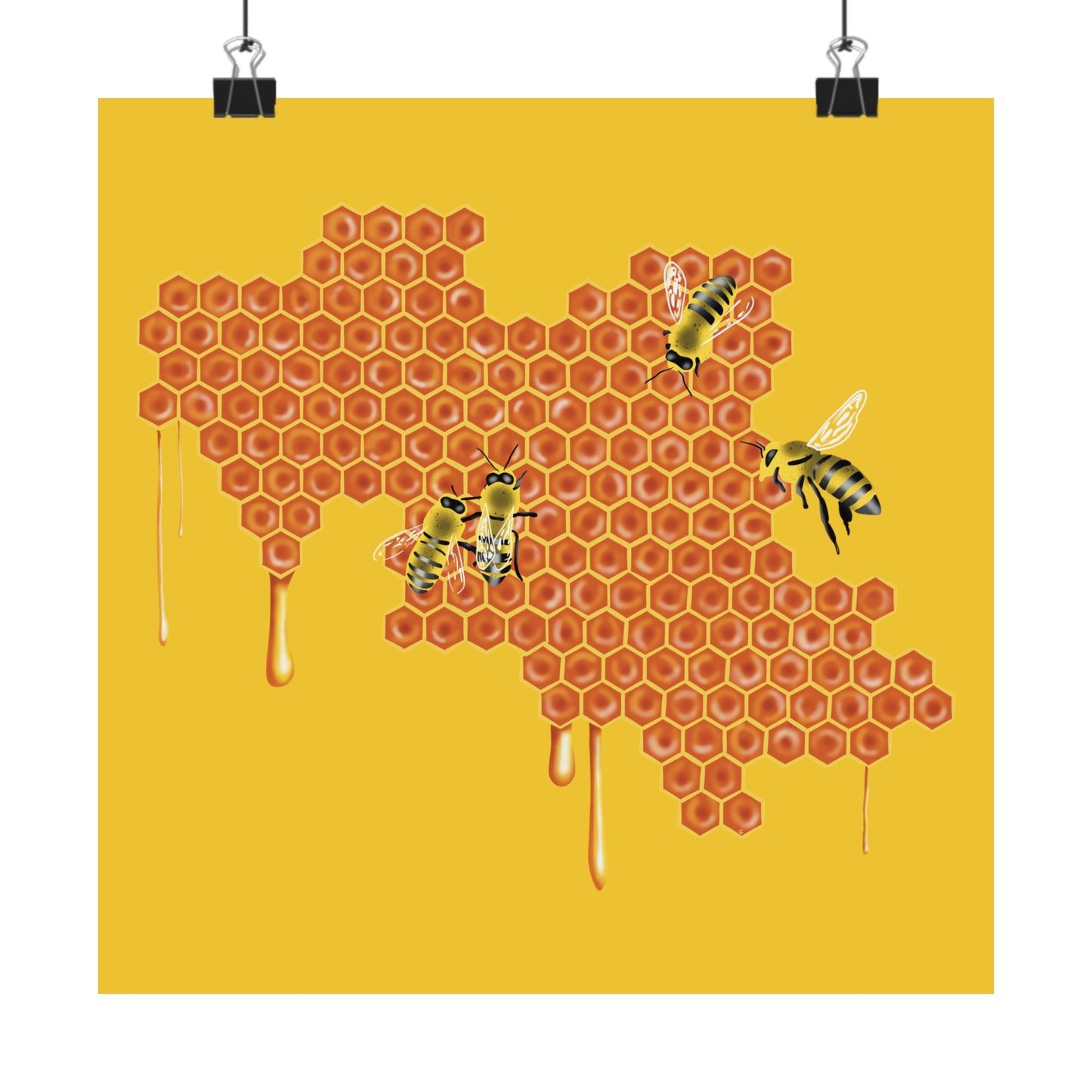 Honeybees on Honeycomb Wall Art Print, Dripping Honey, Yellow and Orange Nature Poster