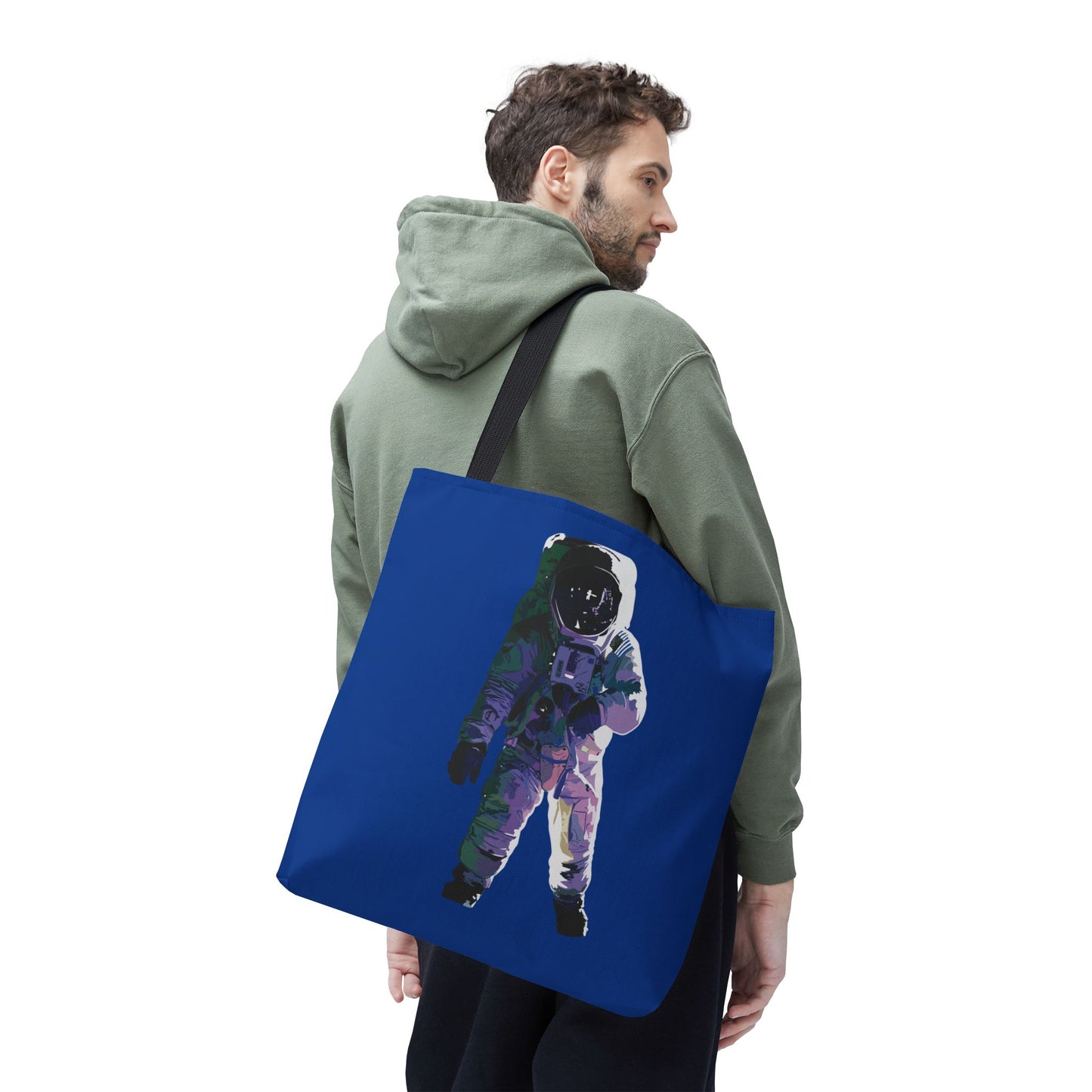 Space Astronaut Tote Bag with Black Handles, Royal Blue Canvas Astronomy Reusable Bag
