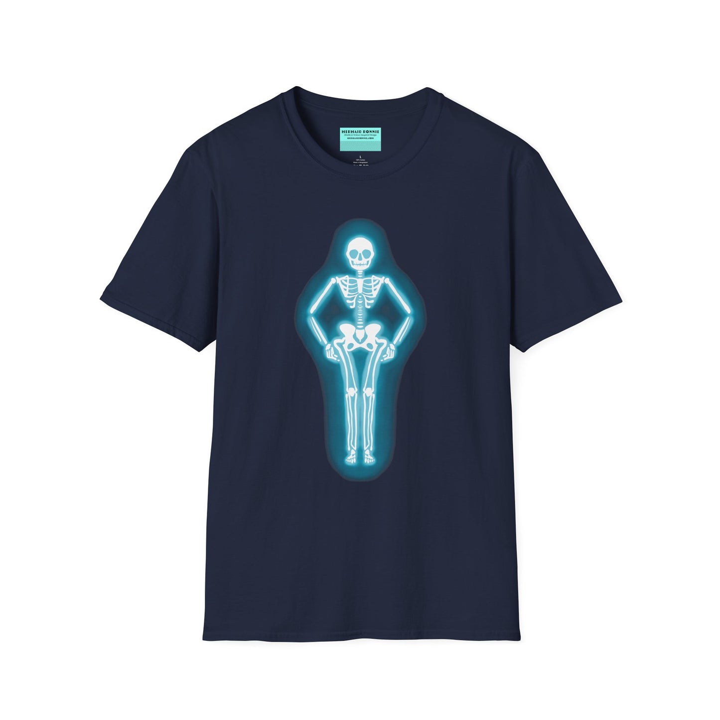 Navy t-shirt featuring an illustration of a glowing neon sign in the shape of a skeleton.