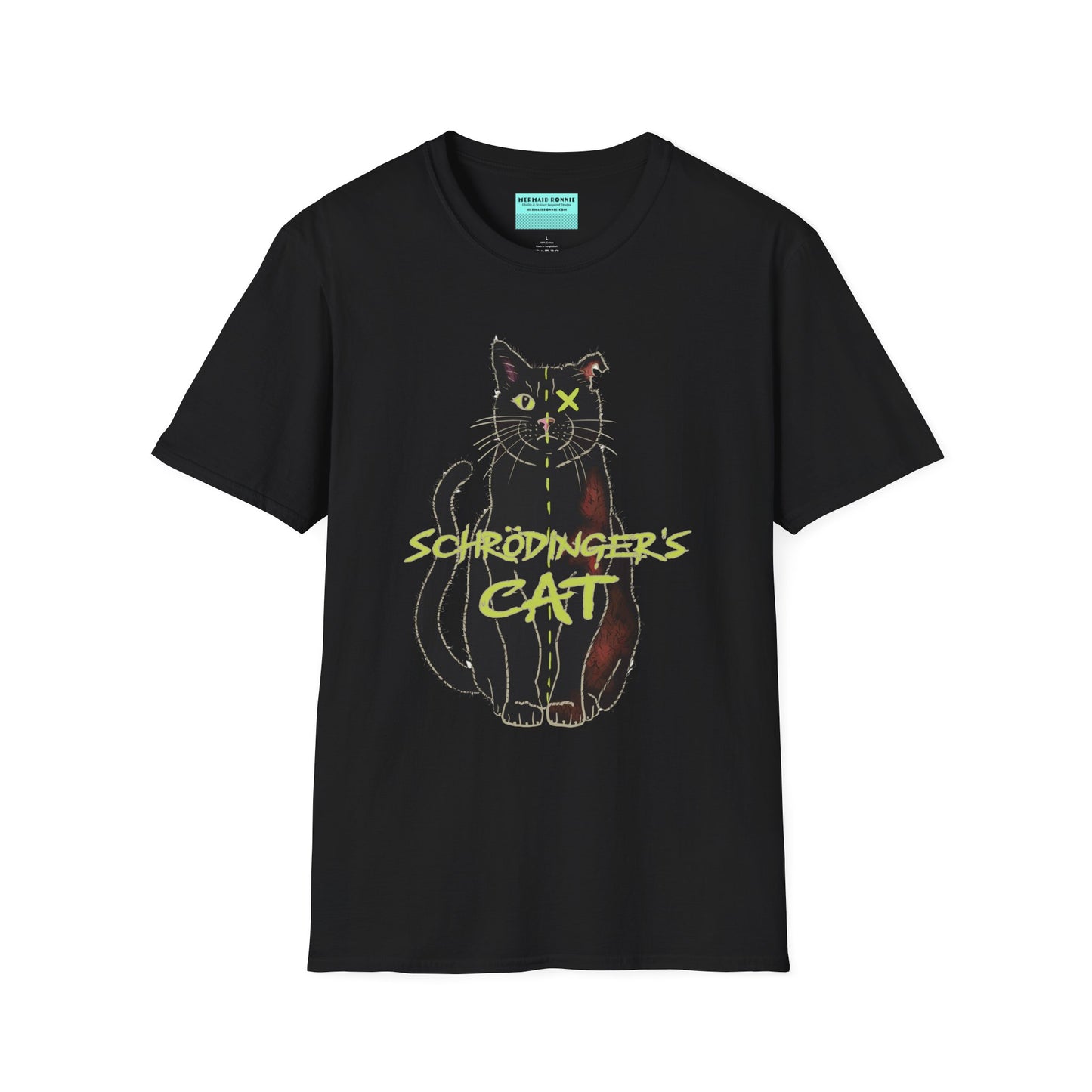 Black unisex short-sleeve tee featuring the infamous Schrödinger’s cat—half-alive, half-dead, and fully committed to quantum confusion. The feline paradox lounges proudly beneath the words "Schrödinger's Cat," because science jokes are both alive and kicking and six feet under.