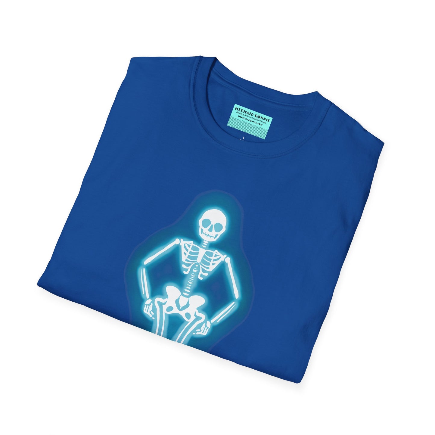 Folded blue t-shirt featuring an illustration of a glowing neon sign in the shape of a skeleton.