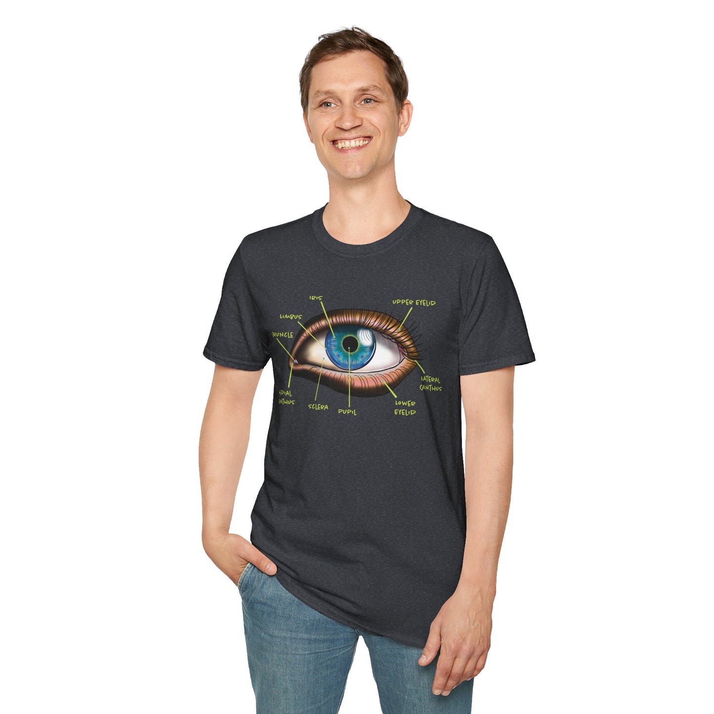 Man wearing a grey t-shirt featuring an anatomical diagram of an eye, with labeled parts of the eye displayed.