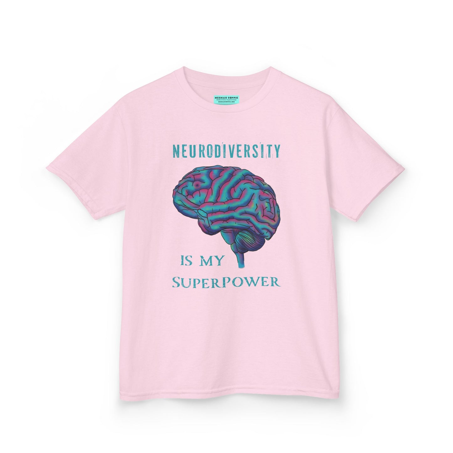 Pink unisex kids' t-shirt featuring a drawing of an anatomical brain and the text 'Neurodiversity is my superpower.'