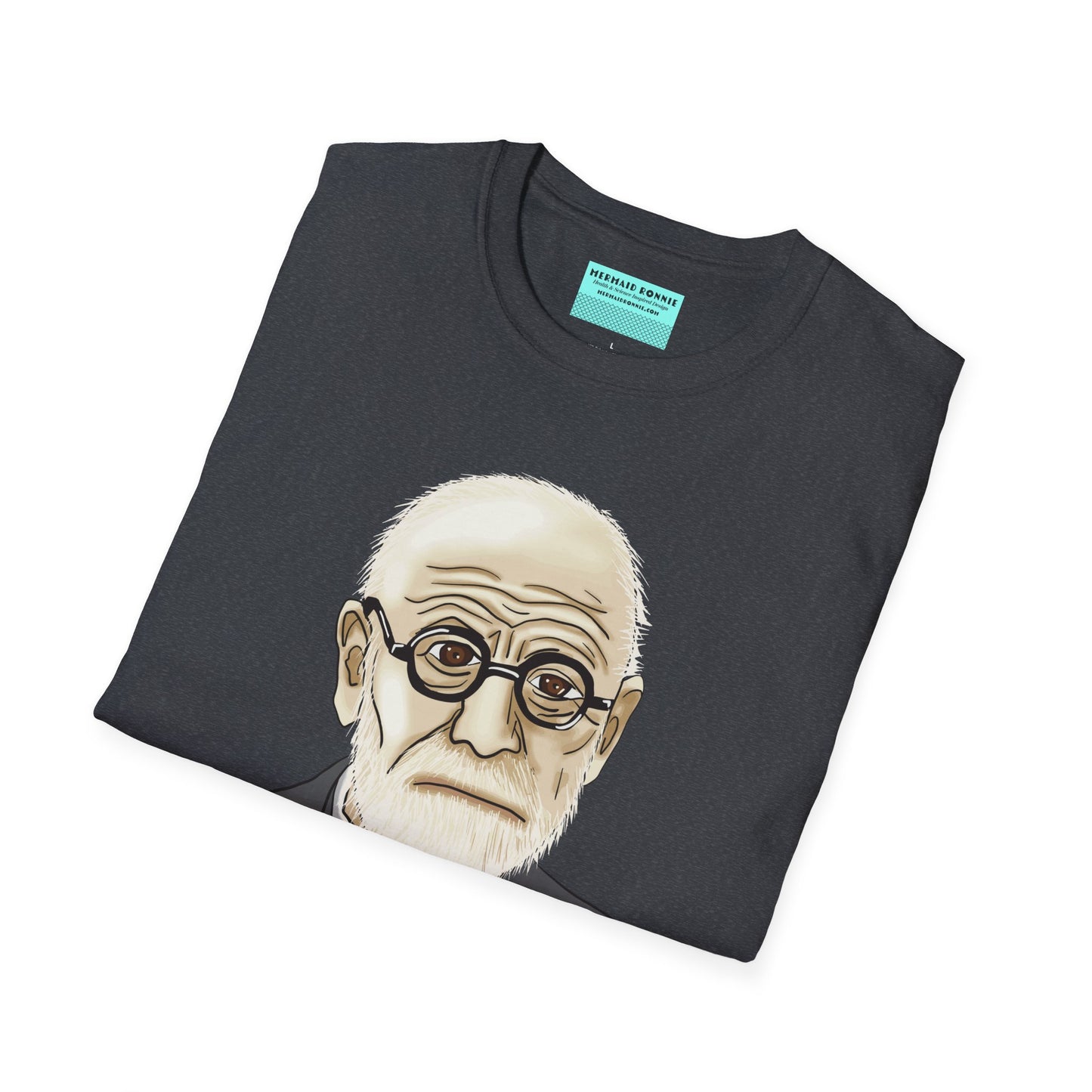 Folded grey unisex short sleeve tee featuring a hand-drawn portrait of Sigmund Freud looking suspiciously insightful, with the phrase "Yo mama" playfully printed below—because sometimes, every complex issue really does go back to your mother.