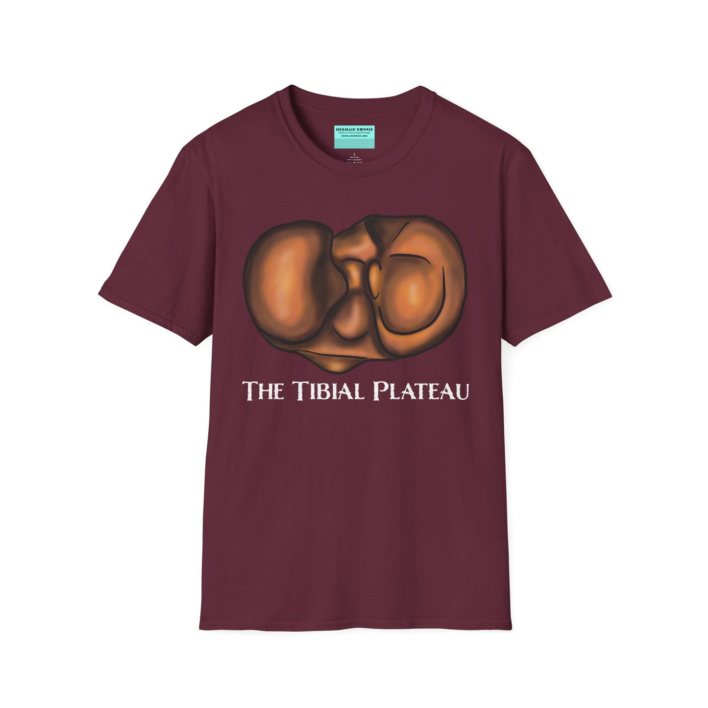 Burgundy unisex short sleeve tee featuring a clever anatomical illustration of the tibial plateau, reimagined as a landscape with rolling hills—because who knew the tibia could be so scenic?