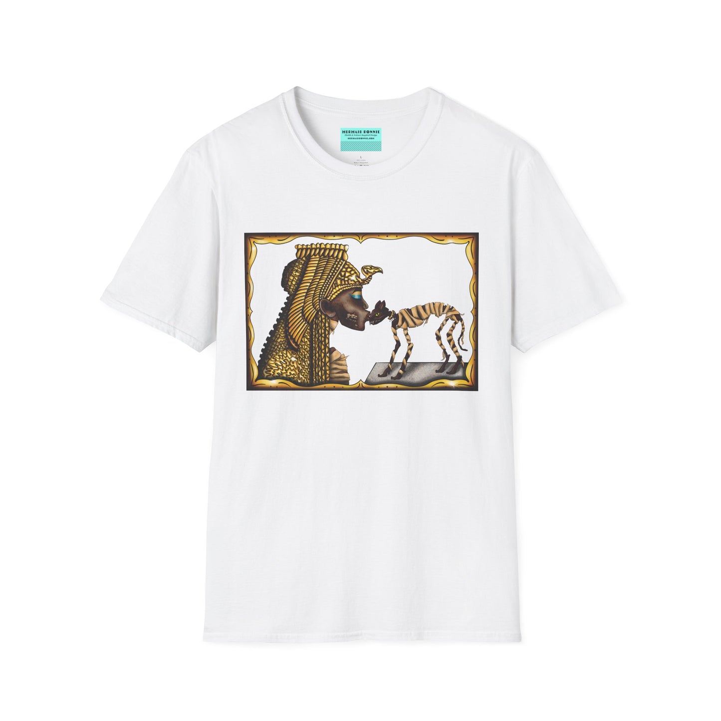 White t-shirt featuring an illustration of Cleopatra mummy kissing a cat mummy.