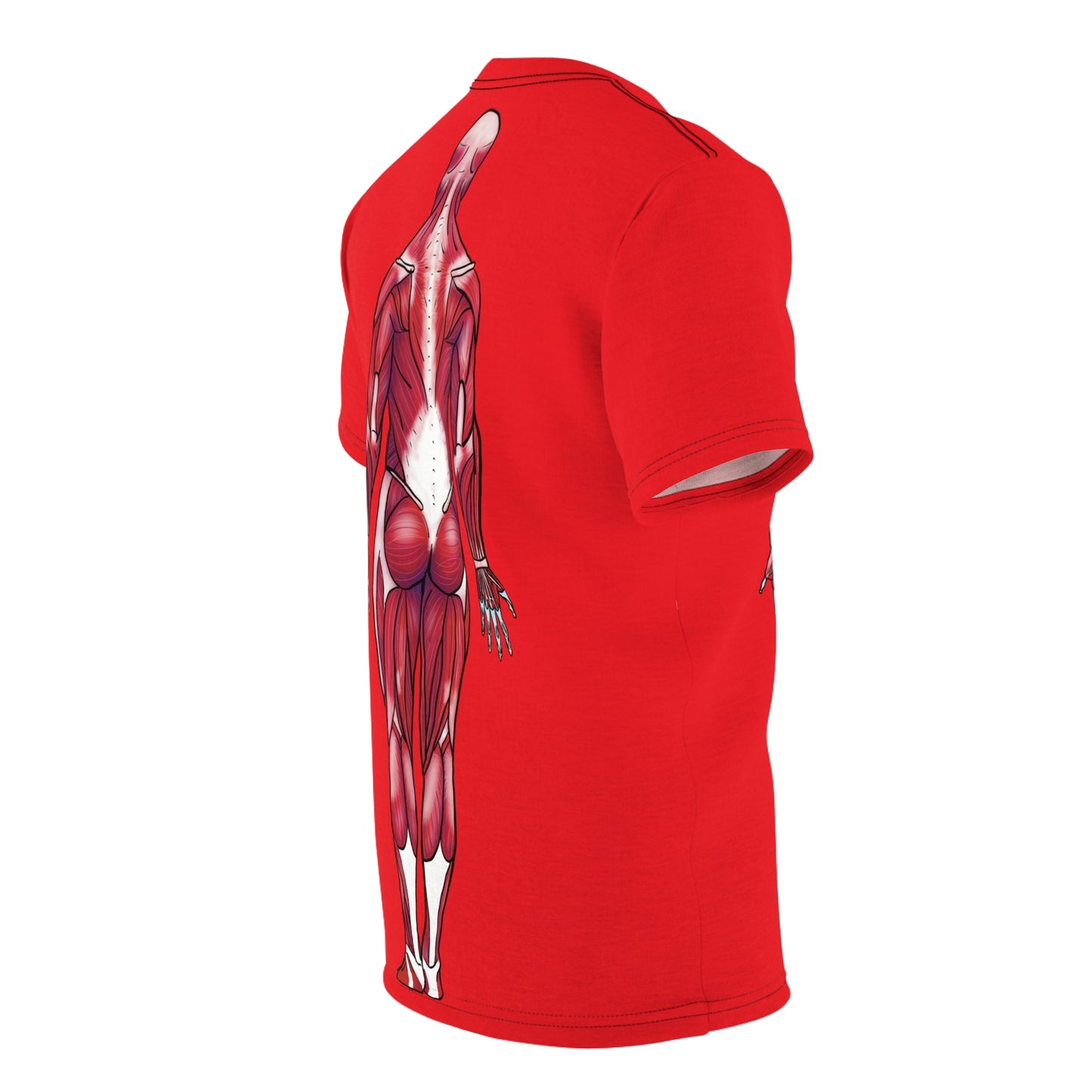 A side-angle view of a red athletic t-shirt featuring a detailed posterior view diagram of the human muscular system printed on the back.