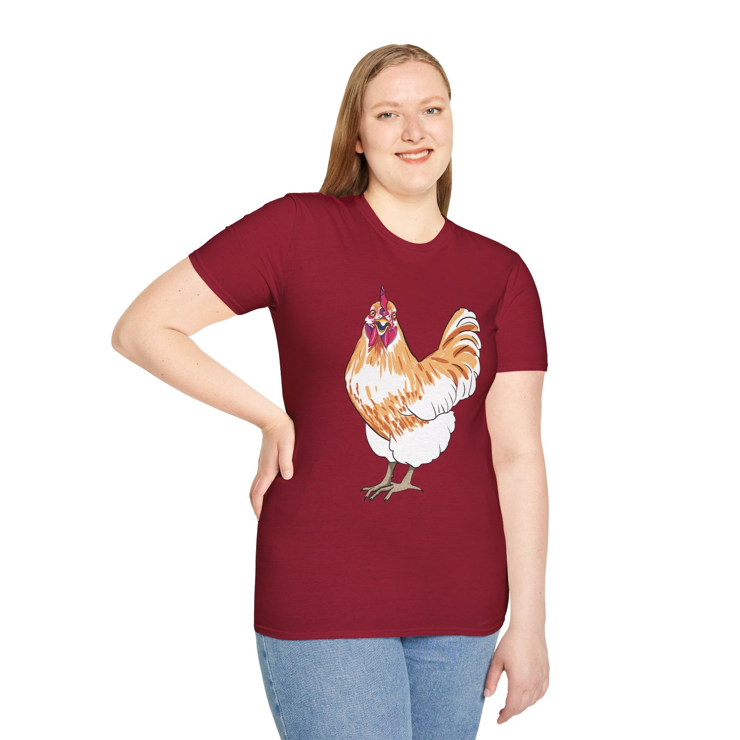 Woman wearing a red t-shirt featuring an illustration of a chicken.