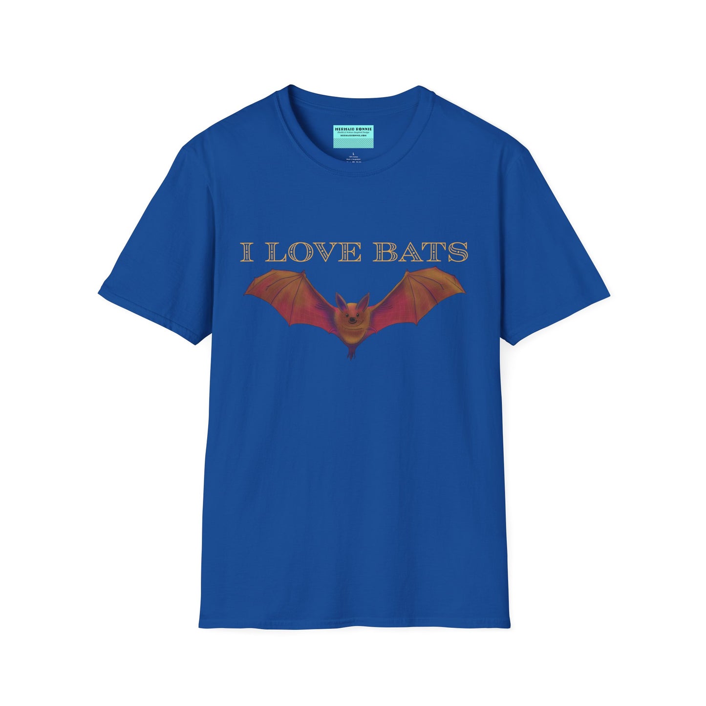 Royal blue t-shirt featuring an irresistibly adorable brown bat with outstretched wings across the chest and the text “I love bats” — perfect for anyone who’s batty about flying mammals.