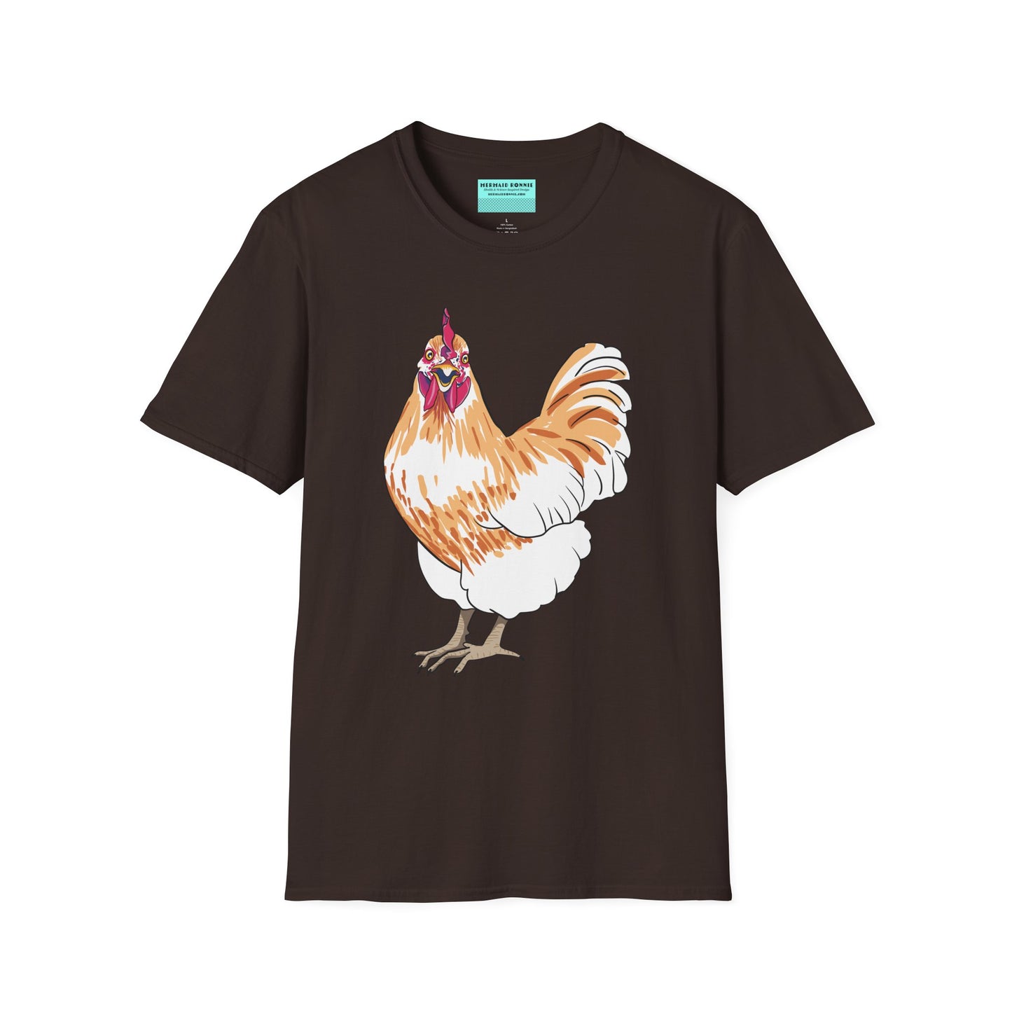 Brown t-shirt featuring an illustration of a chicken.