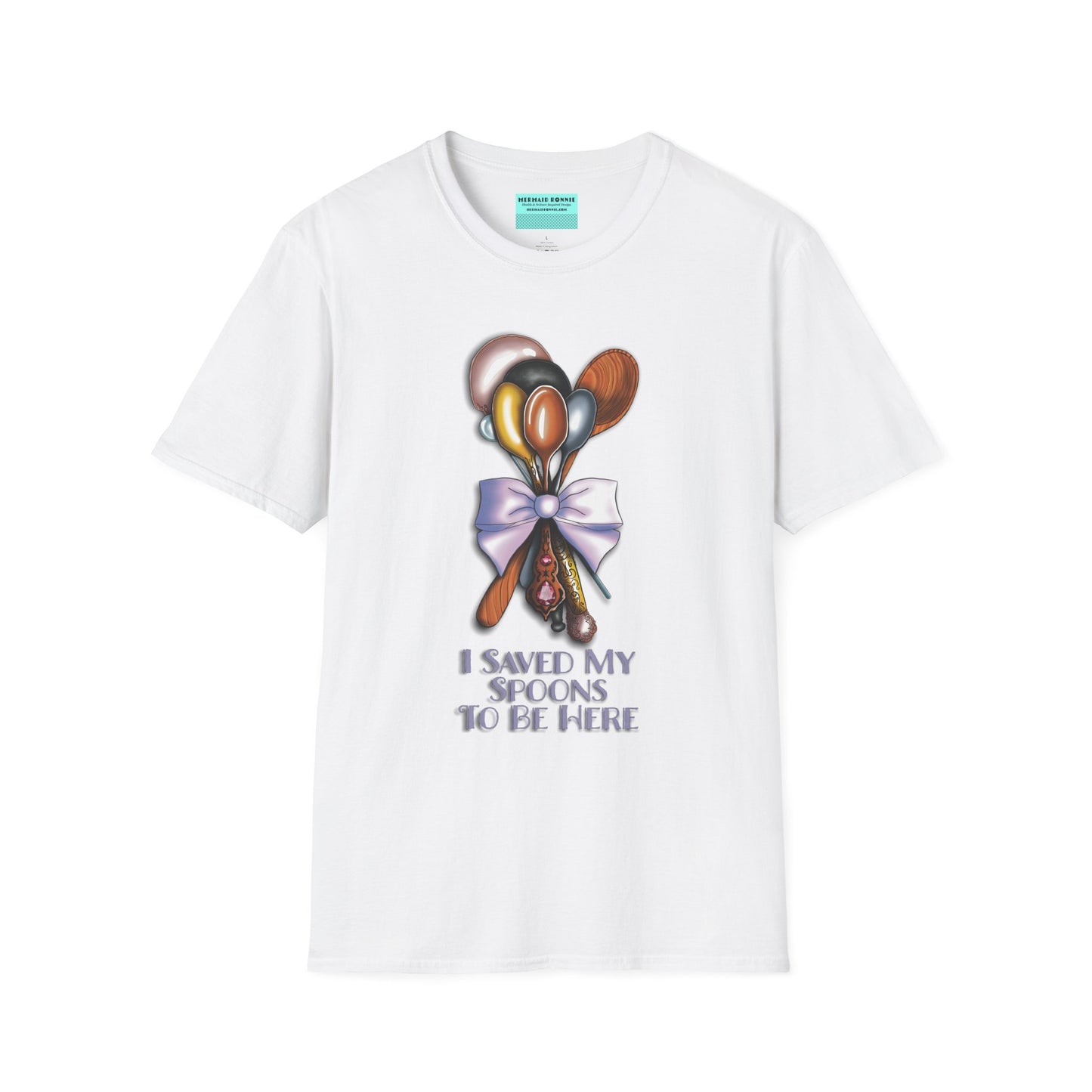 White t-shirt with an illustration of a bouquet of spoons and the phrase 'I saved my spoons to be here' printed on the front.