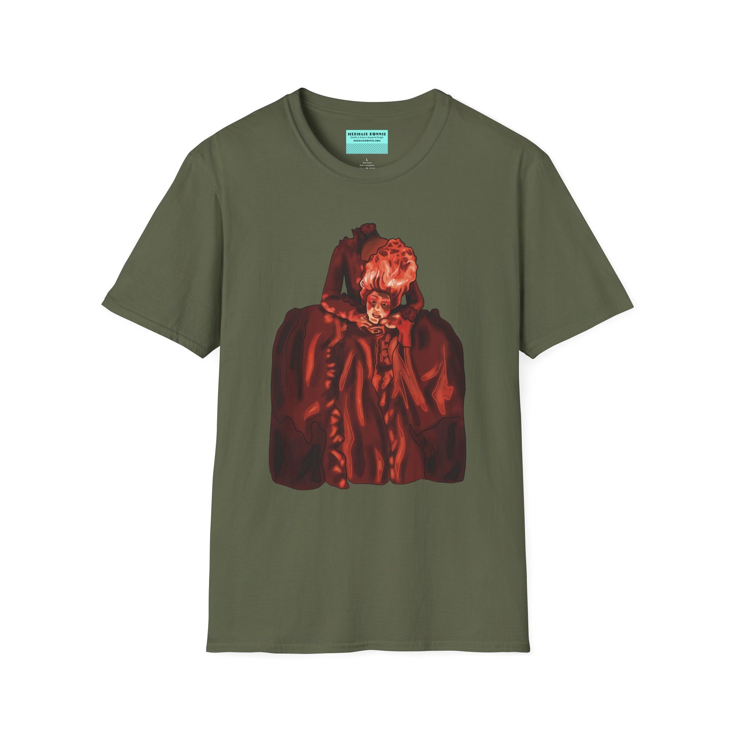 Green t-shirt featuring an illustration of a headless Marie Antoinette holding her own head in her hands.