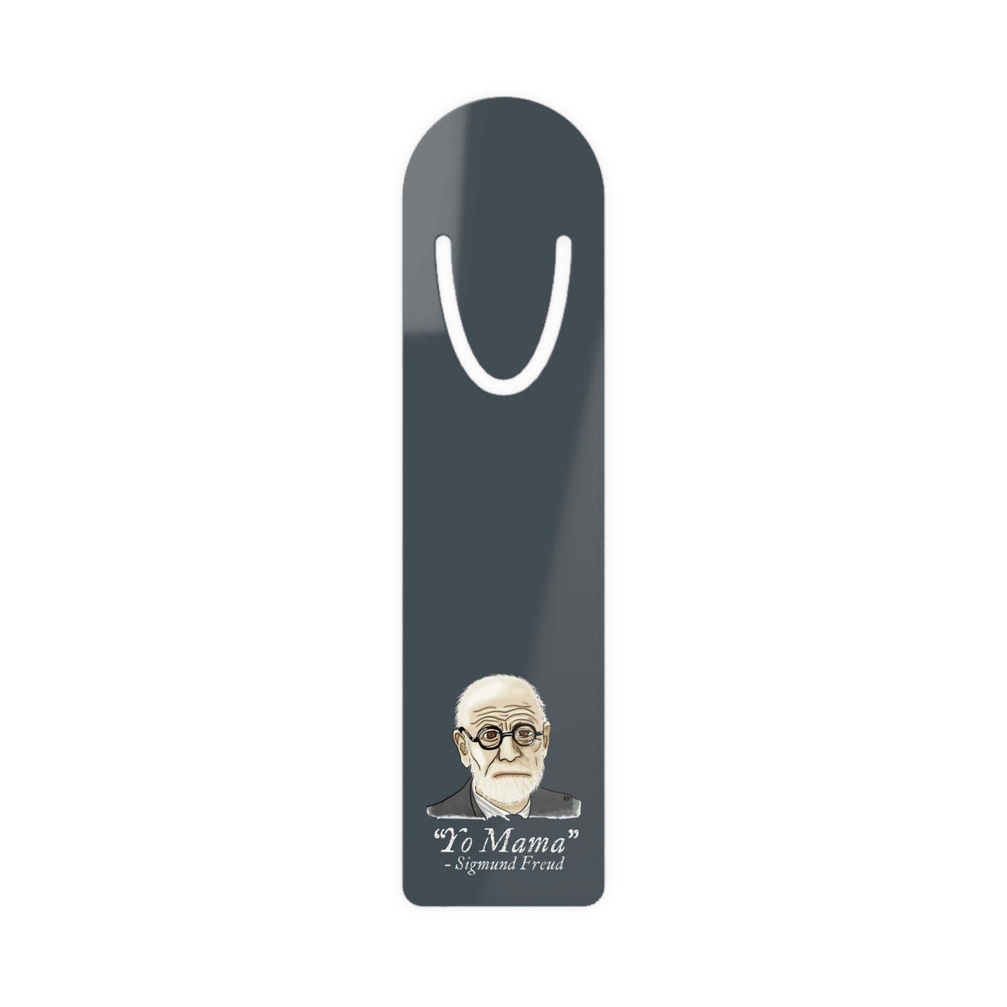 Dark grey-blue aluminum bookmark featuring a portrait of Sigmund Freud with humorous text that reads 'Yo Mama – Sigmund Freud.
