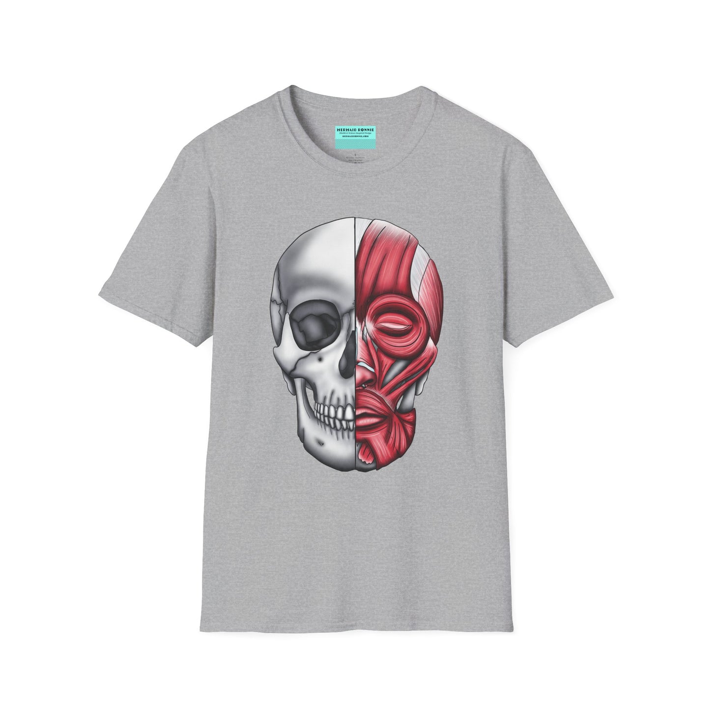 Athletic grey shirt featuring an anatomically correct skull illustration, with half of the skull covered by facial muscles.