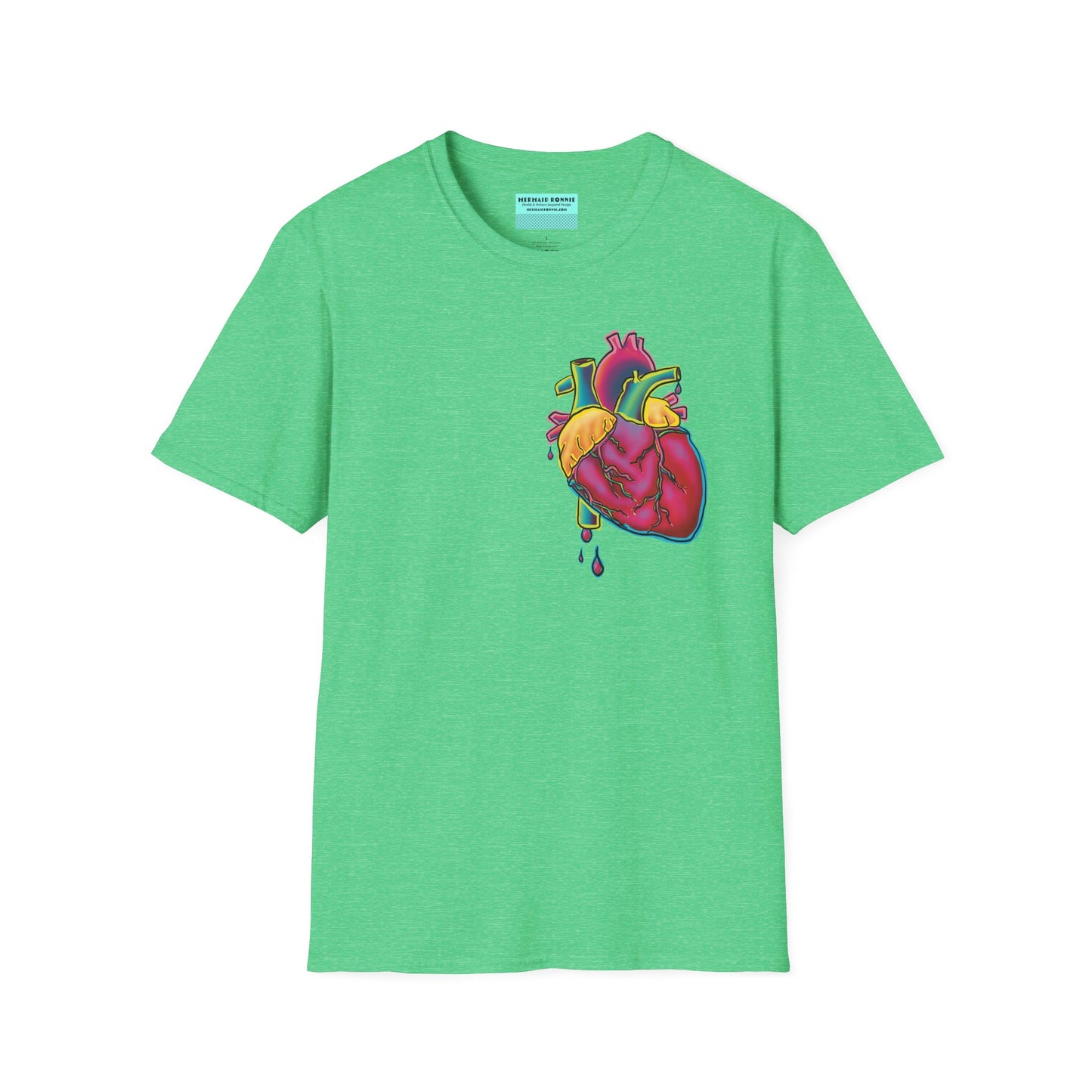 Green unisex short sleeve t-shirt featuring a bold neon anatomical heart front and off-center, complete with dripping blood vessels—because nothing says “wear your heart on your sleeve” like wearing it smack on your chest in highlighter tones.