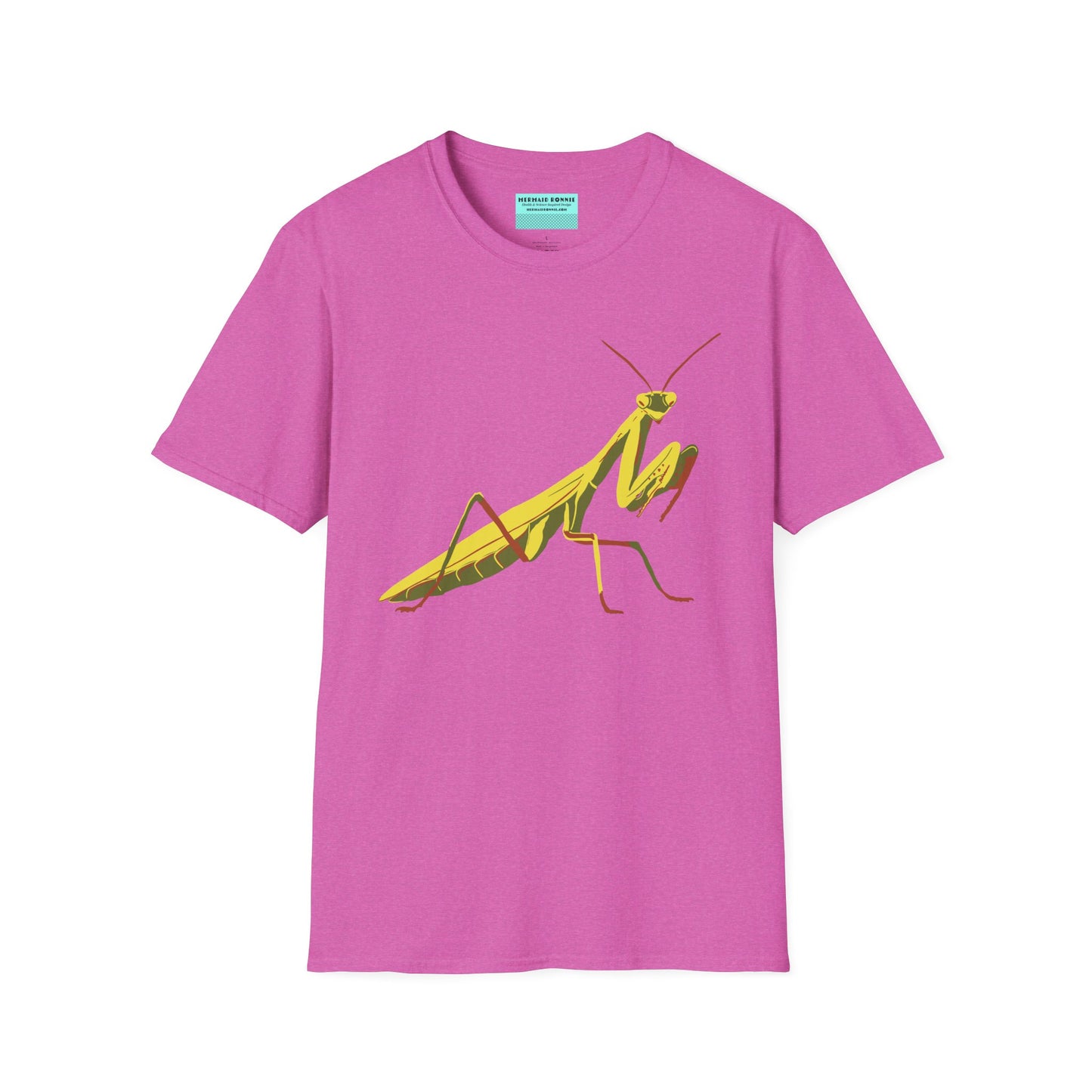 Pink t-shirt featuring an illustration of a green praying mantis on the front.