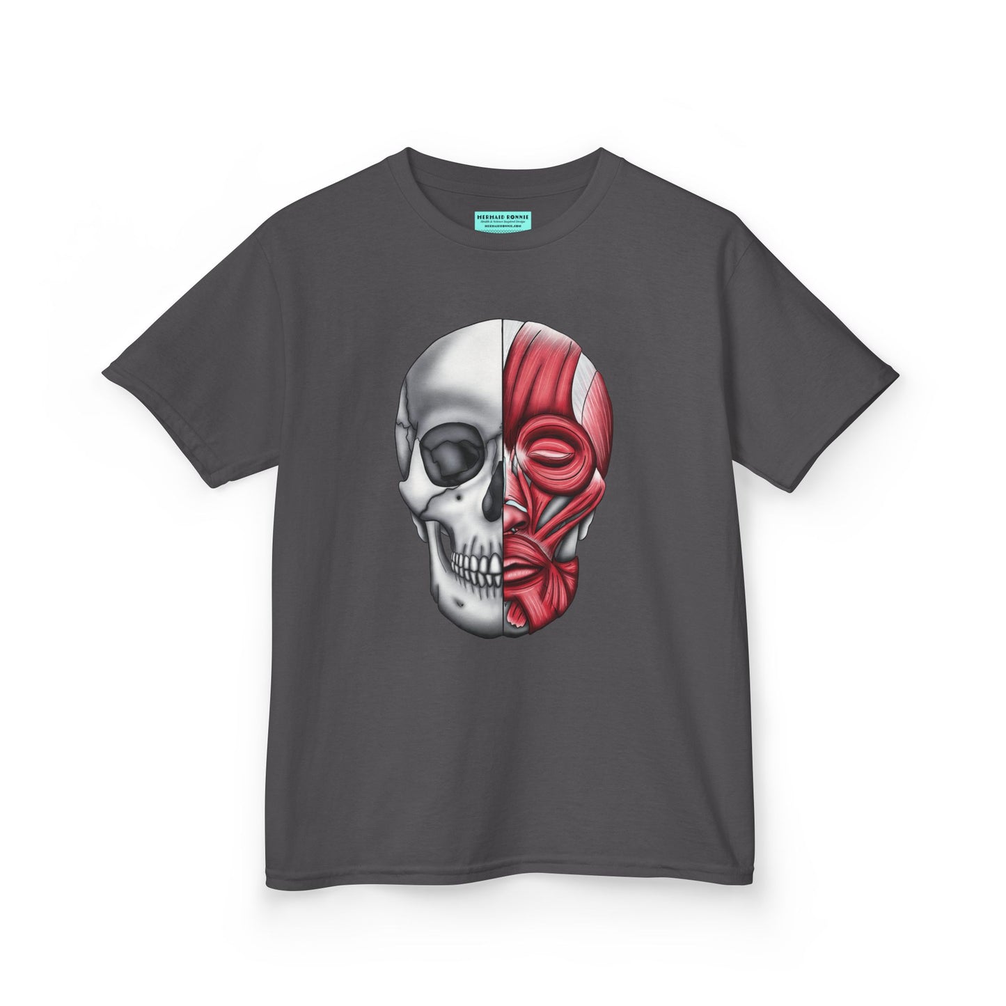 Kids' t-shirt in charcoal grey featuring an anatomical drawing of a human skull, with facial muscles illustrated on one half of the skull.