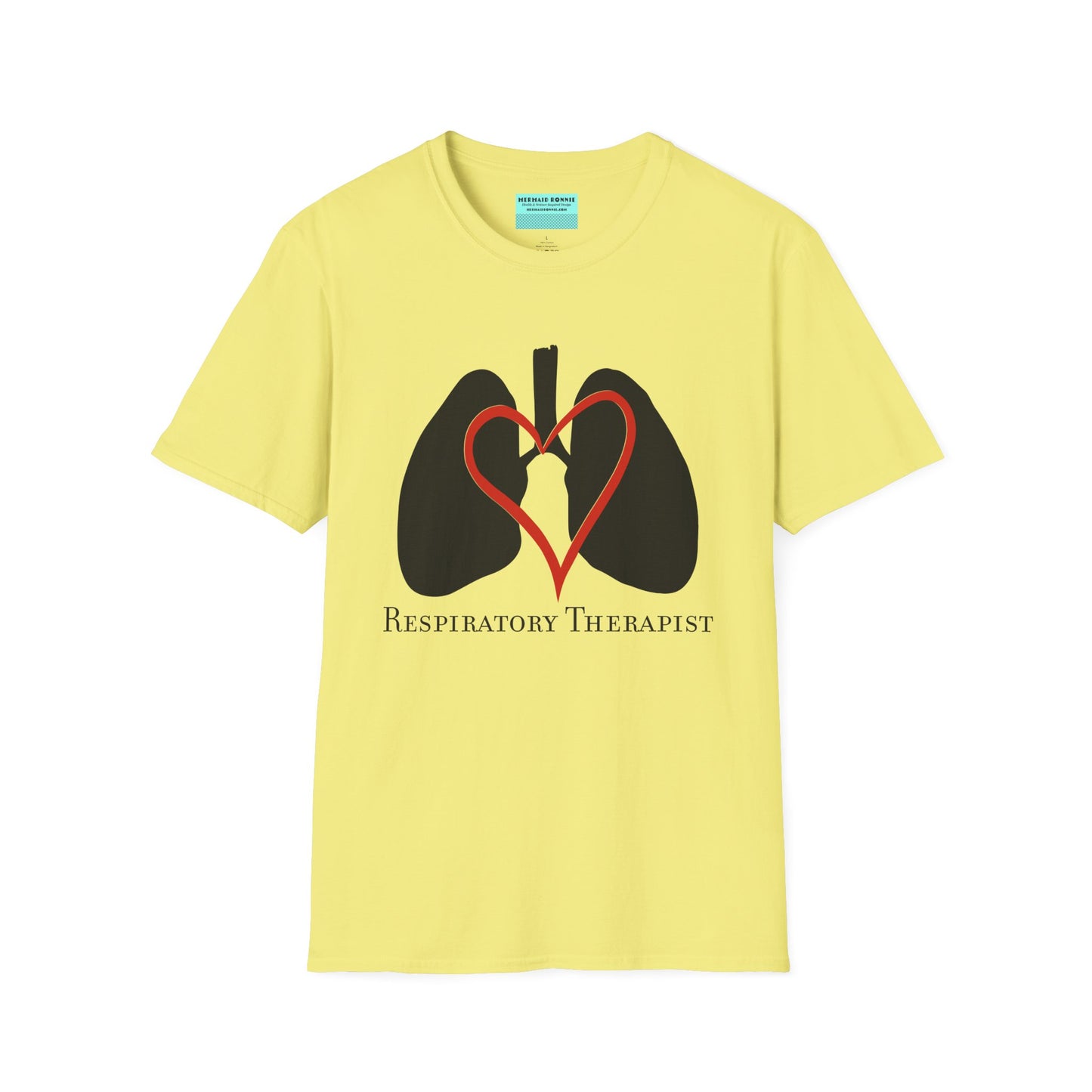 Yellow unisex short sleeve t-shirt with a graphic illustration of a heart and lungs; the words "respiratory therapist" are printed below the design.