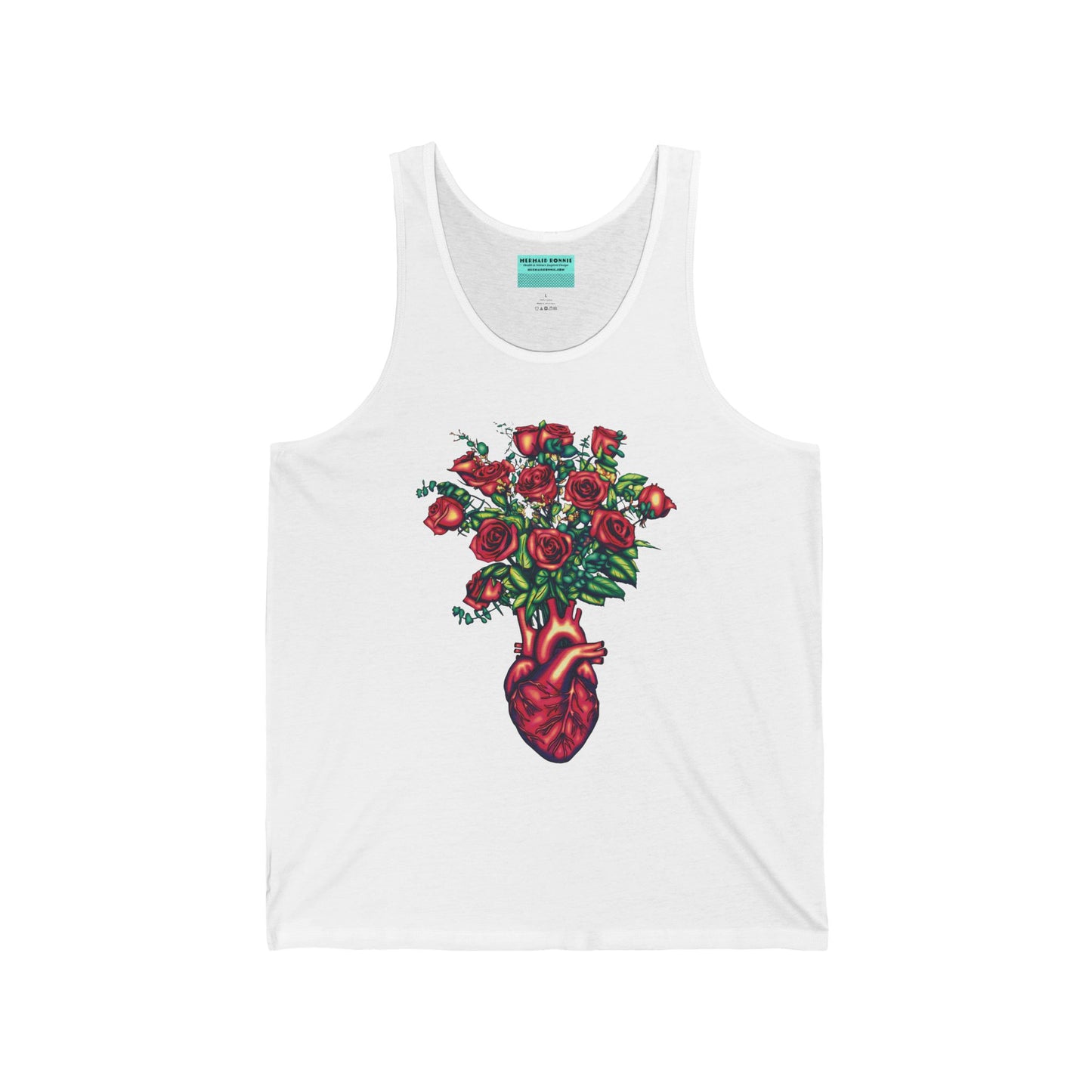 White unisex tank top featuring an illustration of an anatomical heart used as a vase, with a bouquet of red roses blooming from the top.