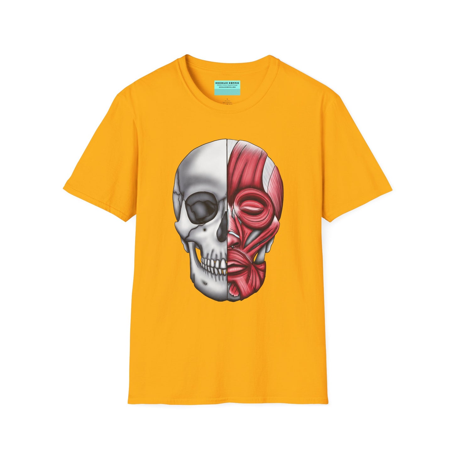 Yellow shirt featuring an anatomically correct skull illustration, with half of the skull covered by facial muscles.