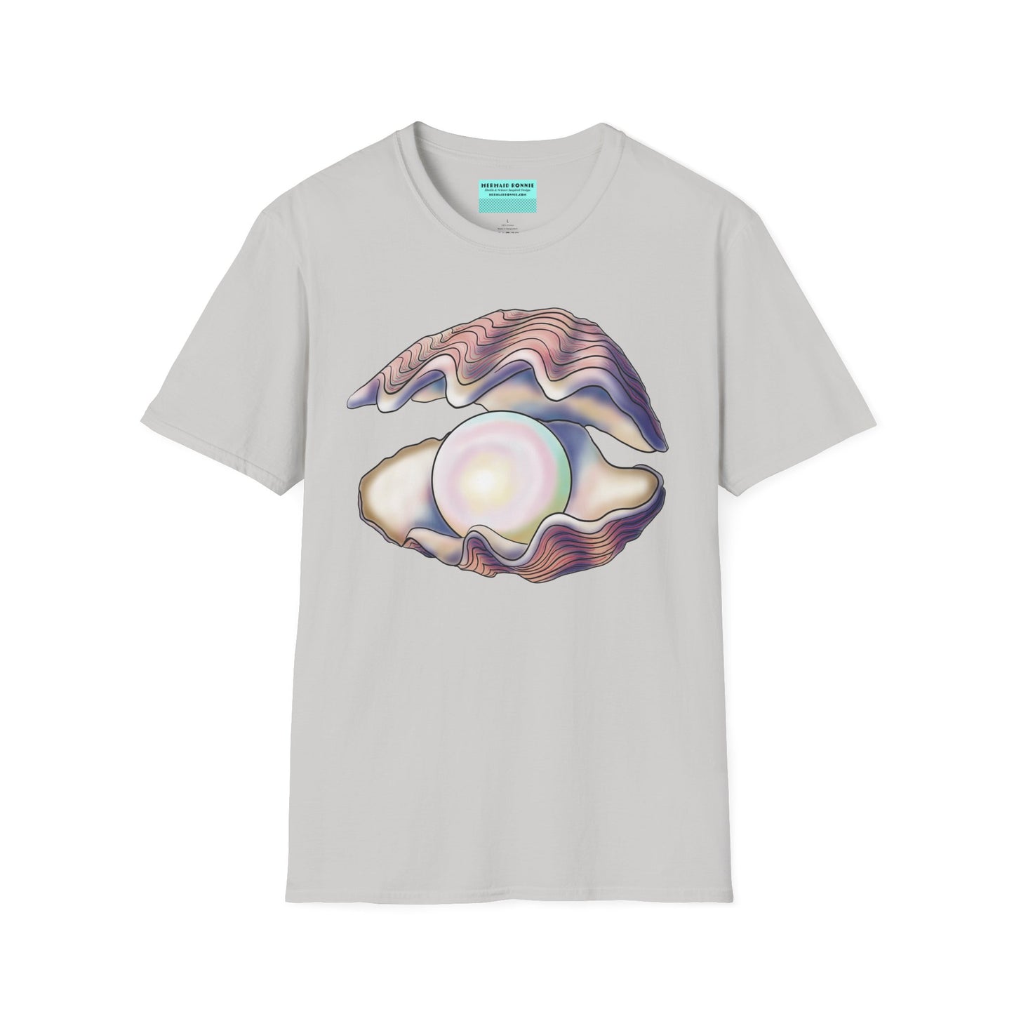 Grey t-shirt featuring an illustration of a large oyster with a luminescent pearl inside.
