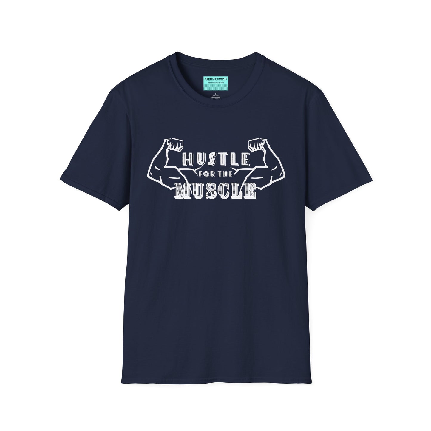 Navy unisex short sleeve t-shirt featuring a pair of flexed, muscle-bound arms and the bold text "Hustle for the Muscle"—because gains don’t come from wishes, they come from reps.