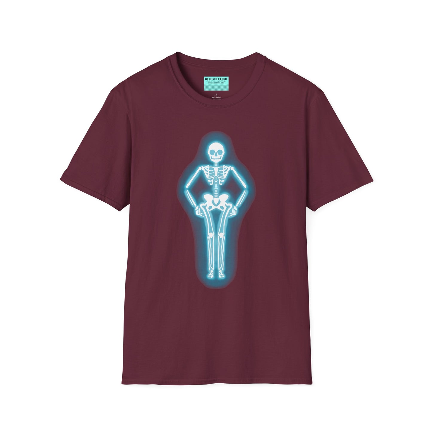 Burgundy t-shirt featuring an illustration of a glowing neon sign in the shape of a skeleton.