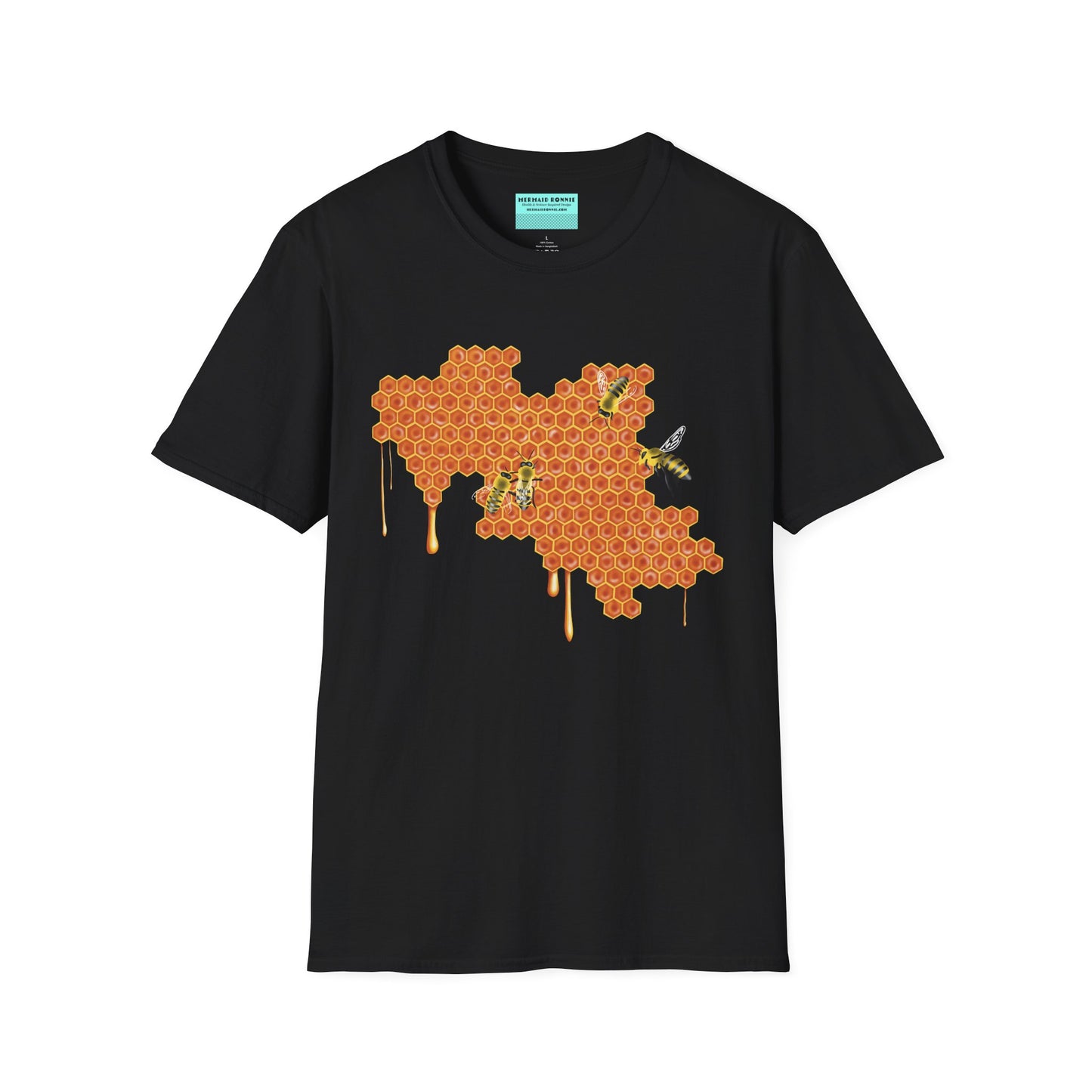 Black t-shirt featuring a picture of honeybees buzzing around a large piece of honeycomb with honey dripping down from it.