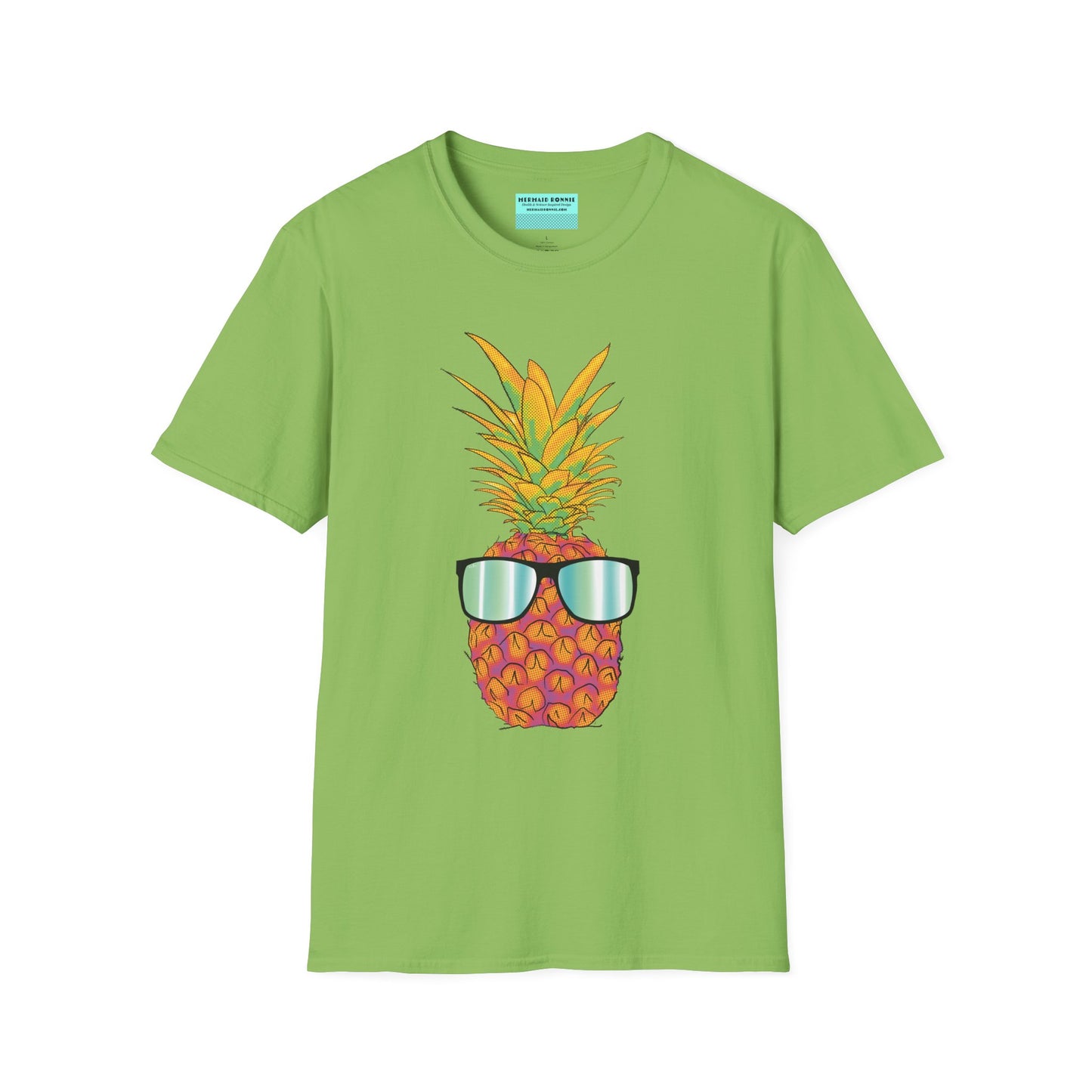 Lime green t-shirt featuring a drawing of a pineapple wearing sunglasses.