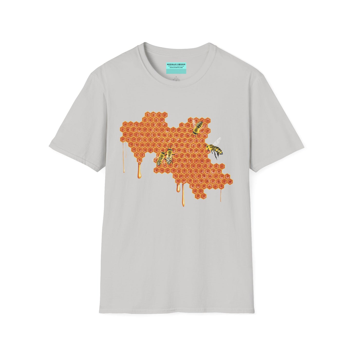 Grey t-shirt featuring a picture of honeybees buzzing around a large piece of honeycomb with honey dripping down from it.