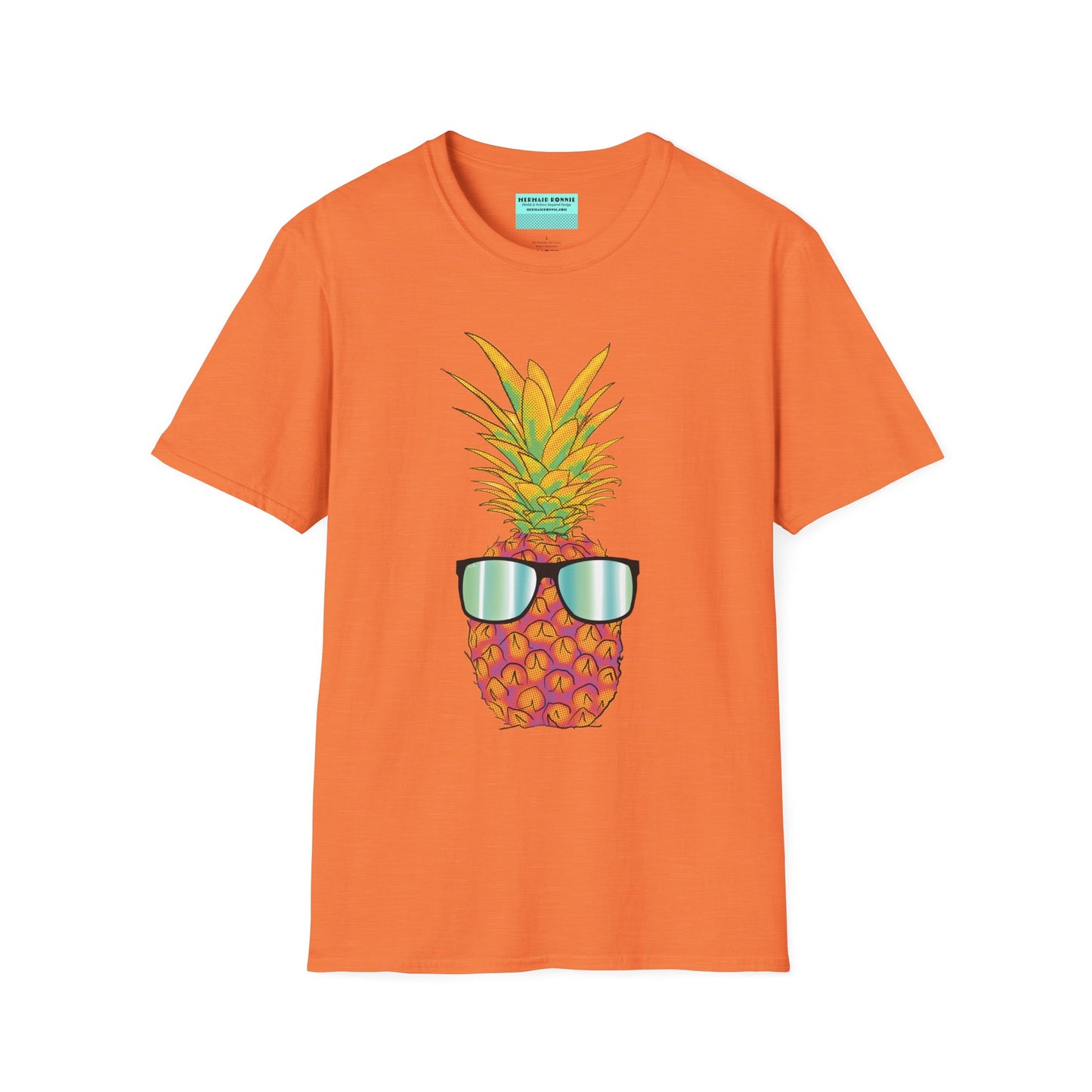 Orange t-shirt featuring a drawing of a pineapple wearing sunglasses.