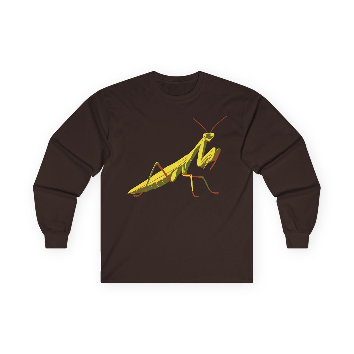 Long sleeve unisex brown shirt featuring an illustration of a yellow and green praying mantis insect on the front.