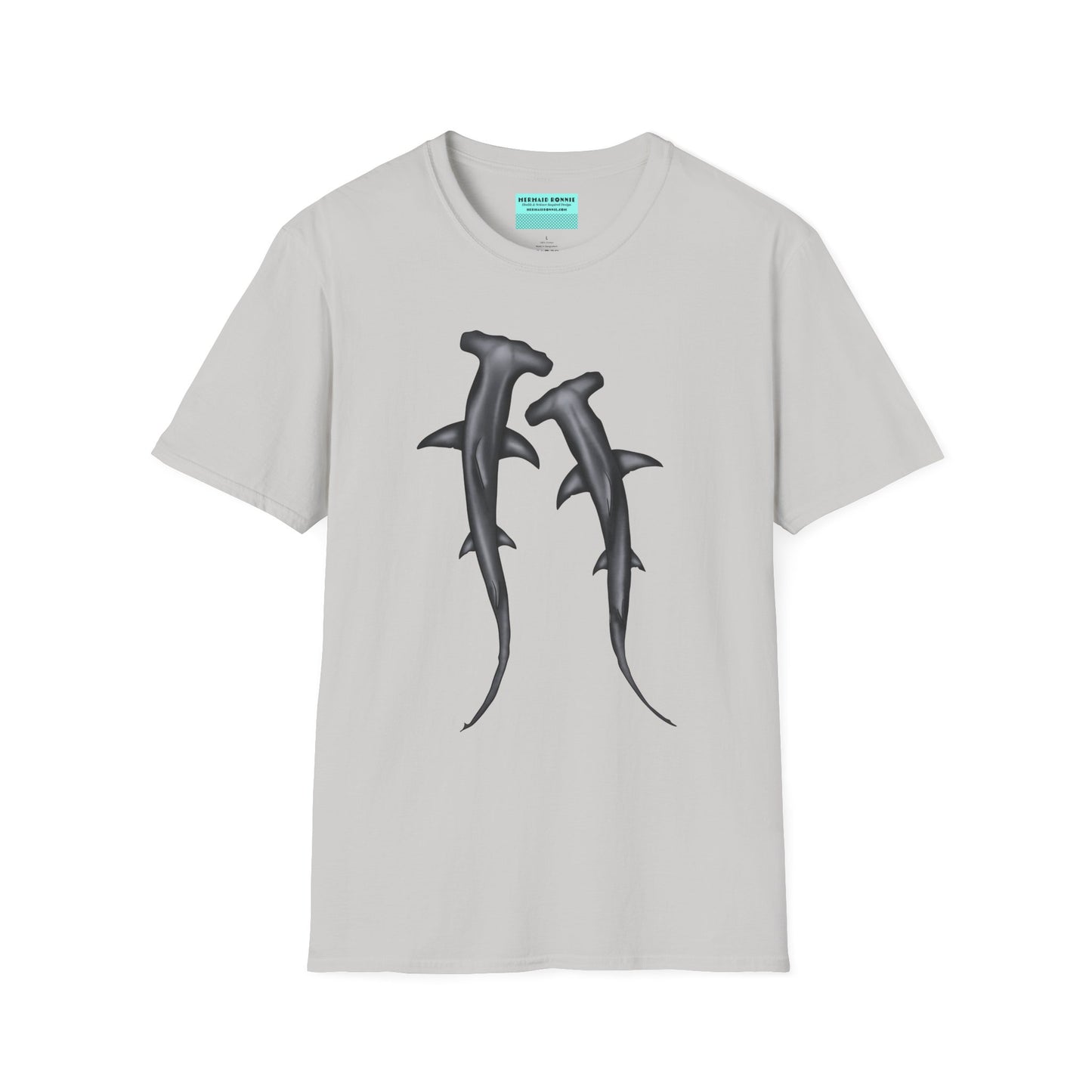 Grey t-shirt featuring an illustration of two hammerhead sharks.