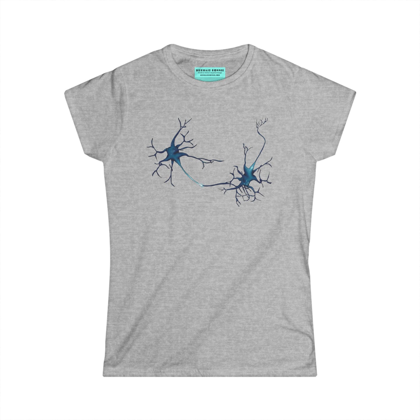 Women’s t-shirt in grey featuring an illustration of two multipolar neurons forming a synapse.