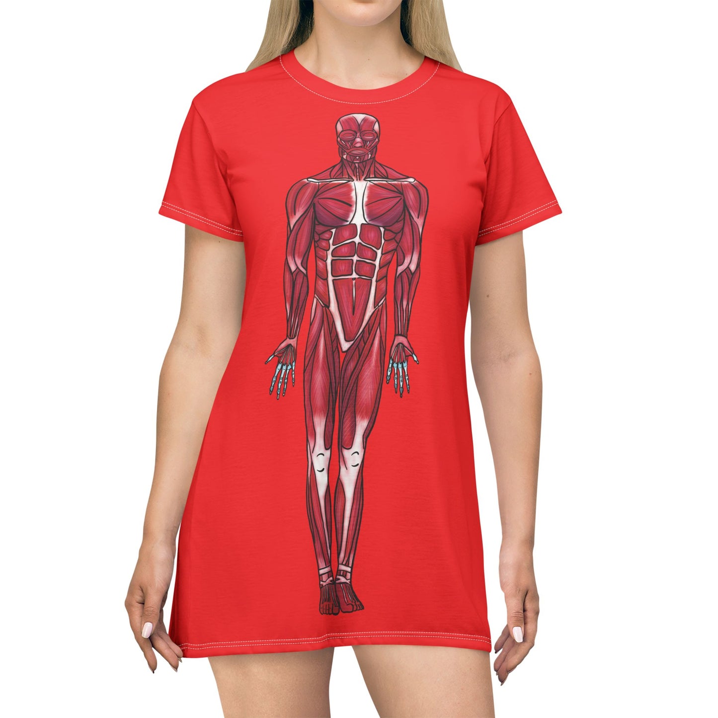 Woman wearing a red t-shirt dress flaunting fierce anatomy—features an anterior muscular system diagram front and center, because who needs armor when your muscles are this on point?