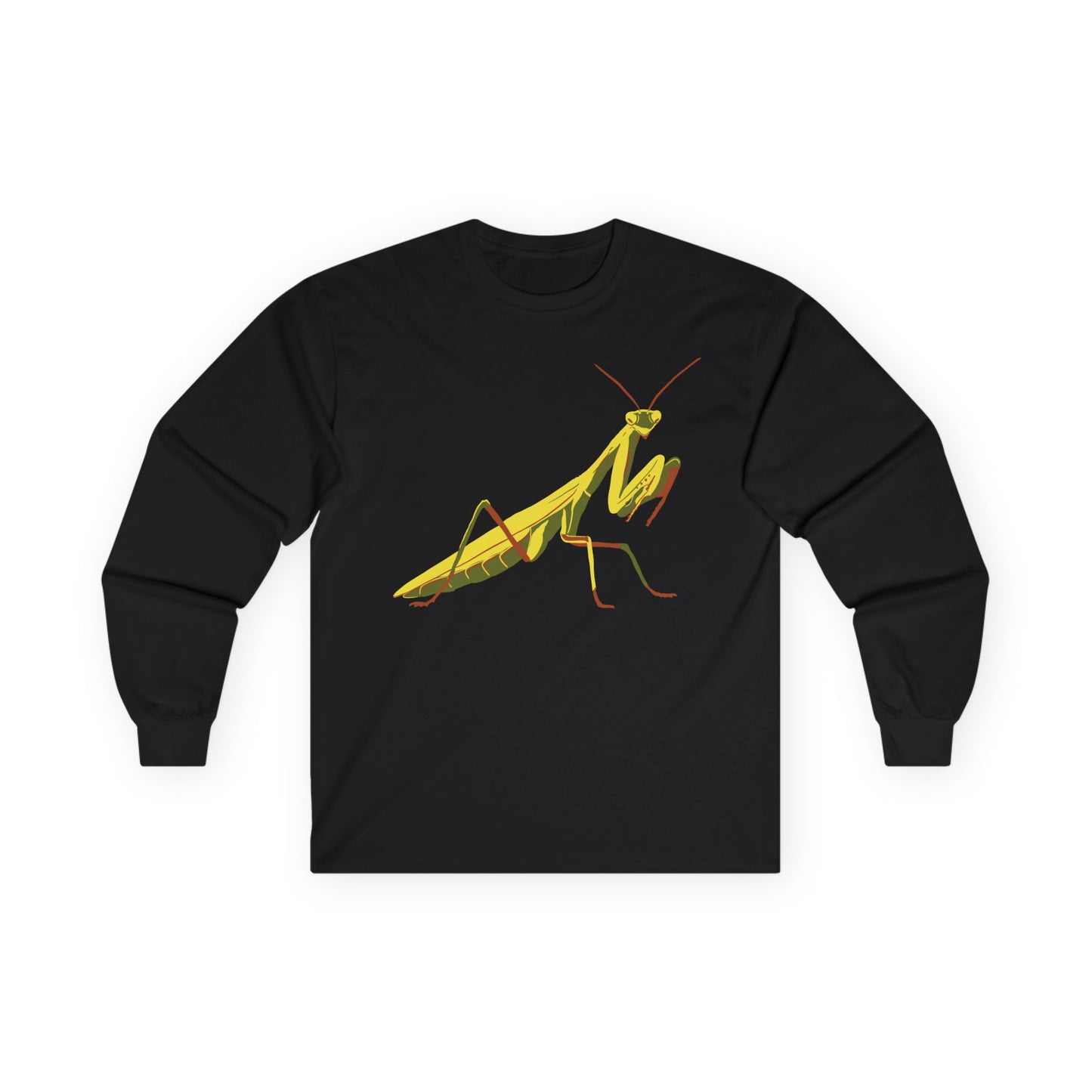 Long sleeve unisex black shirt featuring an illustration of a yellow and green praying mantis insect on the front.