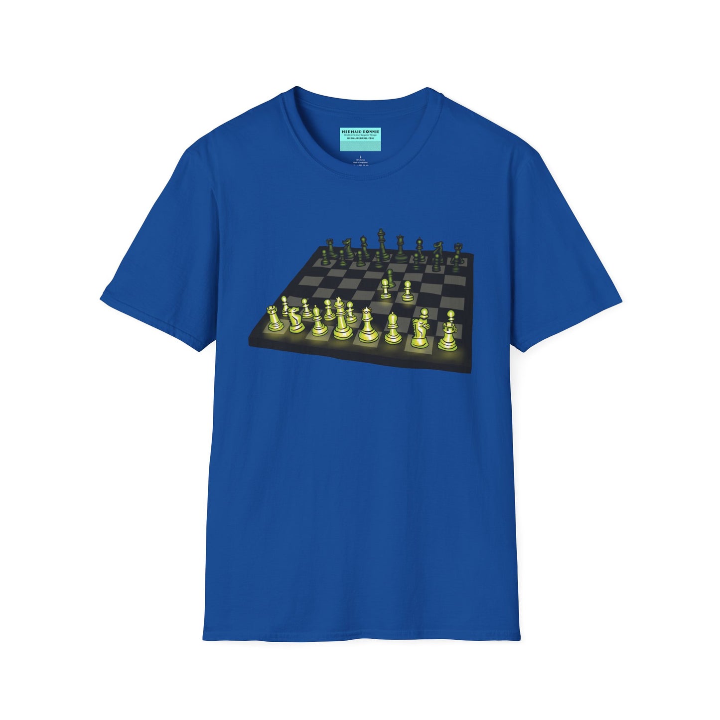 Royal blue unisex short-sleeve t-shirt featuring an electrifying chess board with glowing pieces mid–Queen’s Gambit, because nothing says “checkmate” like opening with flair and a radiant strategy.