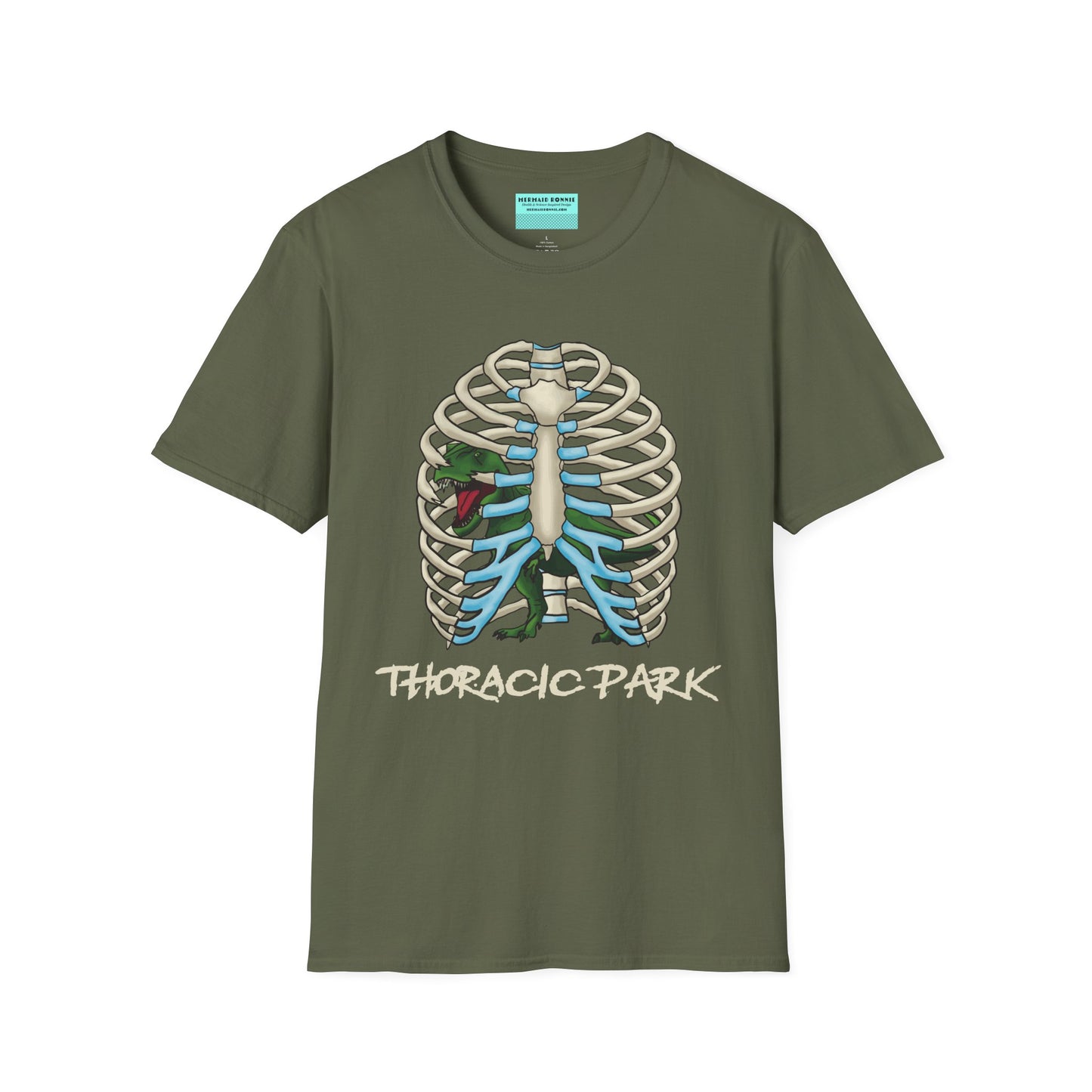 Military green unisex short sleeve tee with a clever Jurassic twist—an anatomical rib cage doubles as a prehistoric prison for a tiny T-Rex, with the punny caption "Thoracic Park" below. It's dino-mite meets anatomy class in the best way possible.