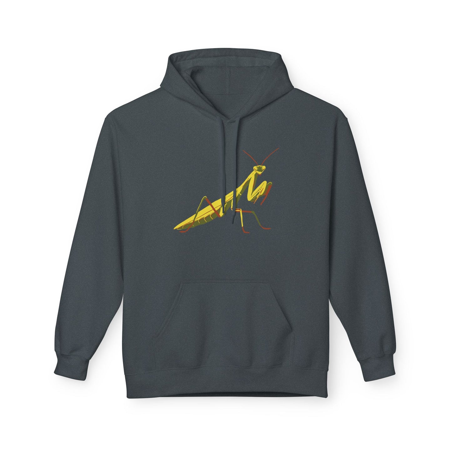 A dark grey unisex pullover hoodie featuring a striking illustration of a yellow and green praying mantis—because sometimes, you need to channel your inner insect warrior while staying cozy.