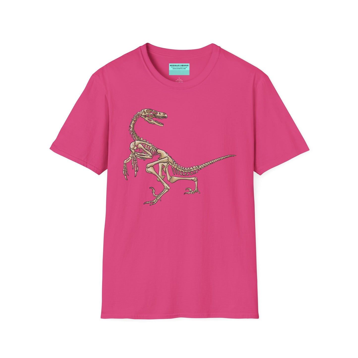 Pink unisex short sleeve t-shirt with a fierce velociraptor skeleton strutting across the chest—because who says extinct can’t be stylish?