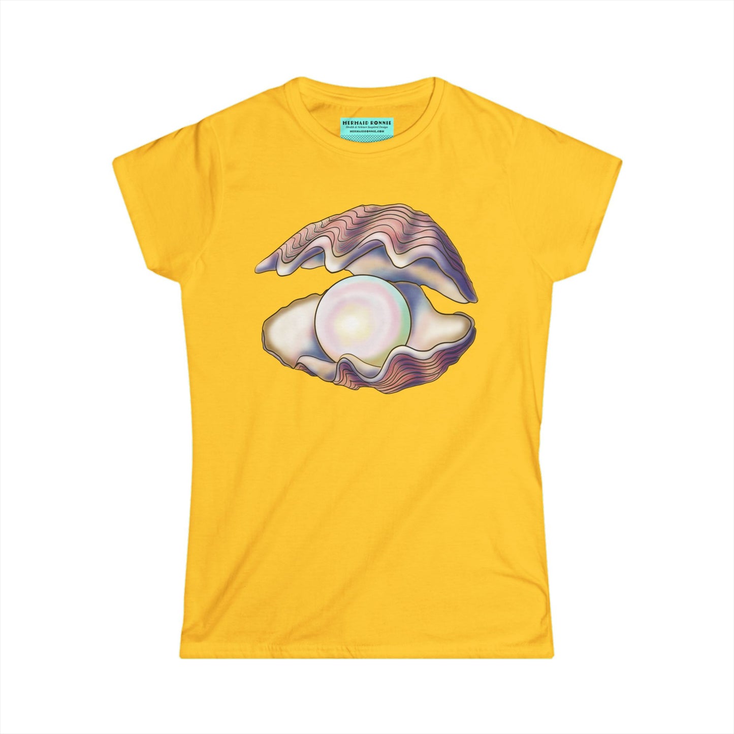 Women’s t-shirt in yellow featuring an illustration of an open oyster with a large iridescent pearl inside.