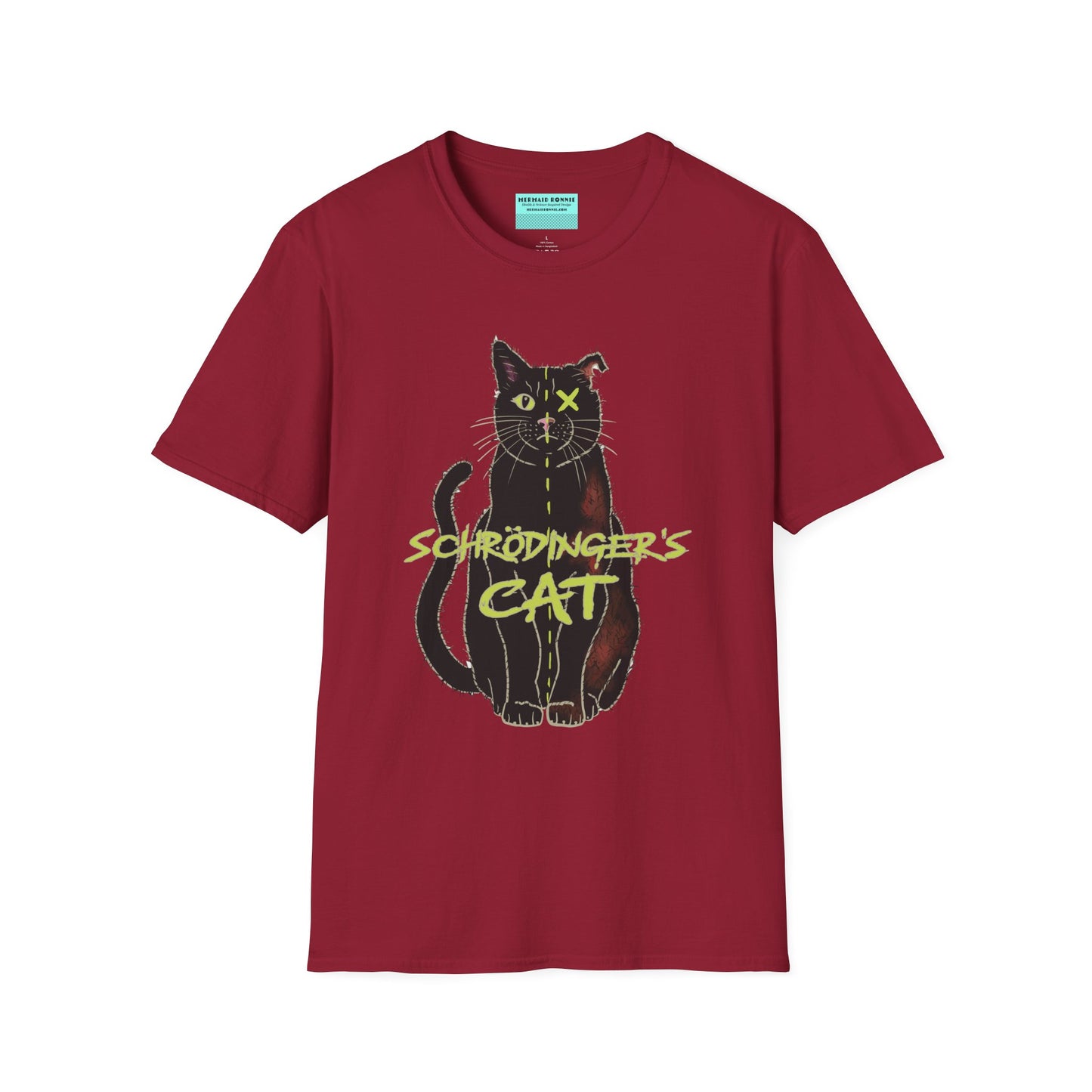 Red unisex short-sleeve tee featuring the infamous Schrödinger’s cat—half-alive, half-dead, and fully committed to quantum confusion. The feline paradox lounges proudly beneath the words "Schrödinger's Cat," because science jokes are both alive and kicking and six feet under.