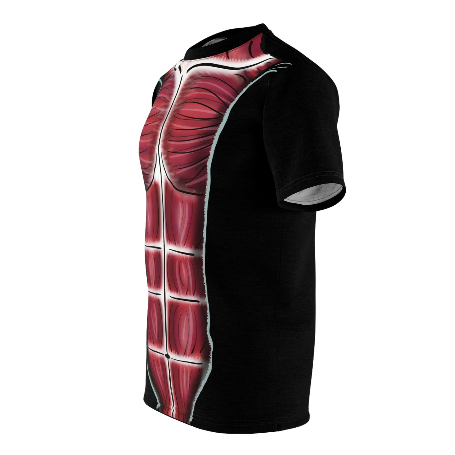 Left side view of a unisex black athletic t-shirt featuring a clever graphic of a zippered hoodie peeled open to reveal detailed trunk musculature underneath—because who needs X-ray vision when your shirt does the flexing for you?